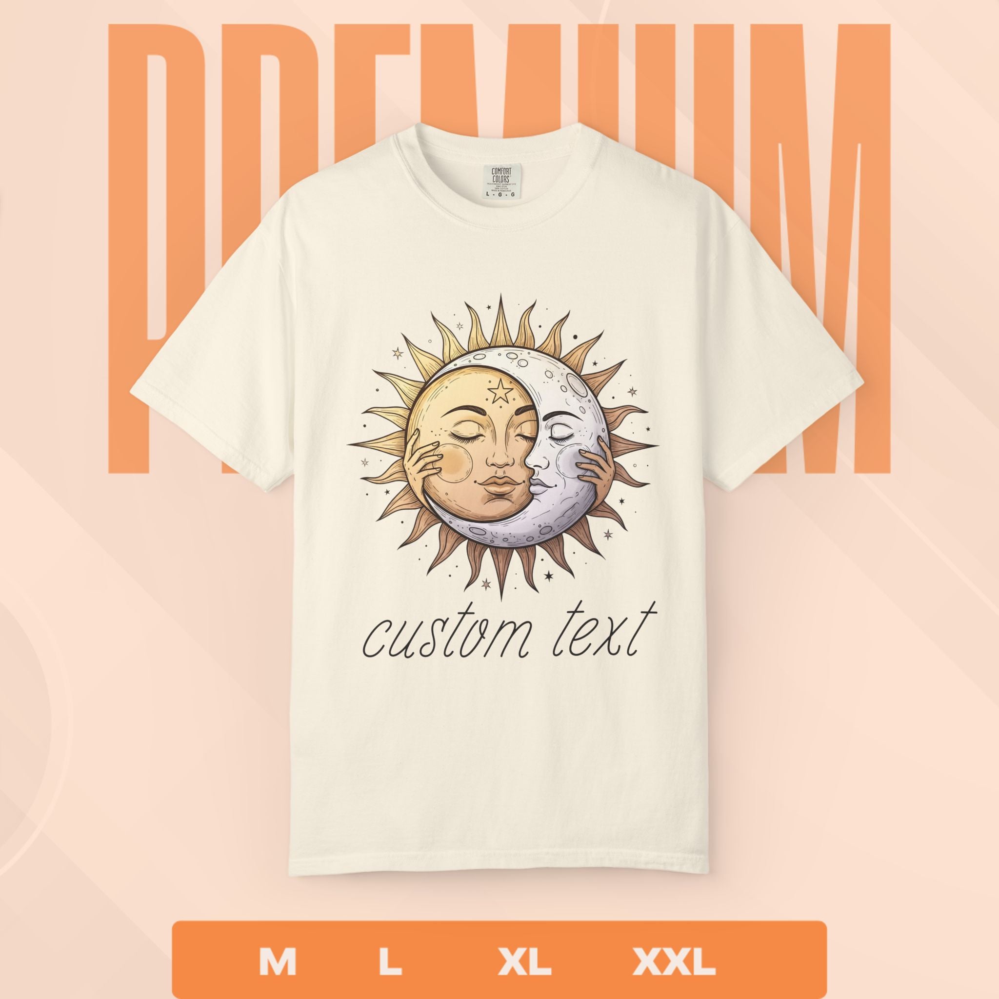 Ivory t-shirt with sun and moon design on a peach background