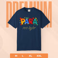 Navy blue t-shirt with colorful text ' PARA mrs taylor' on a peach background