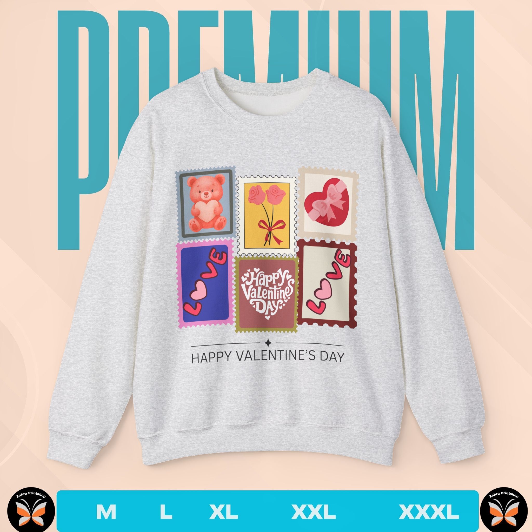 Gray sweatshirt with Valentine's Day designs on a beige background