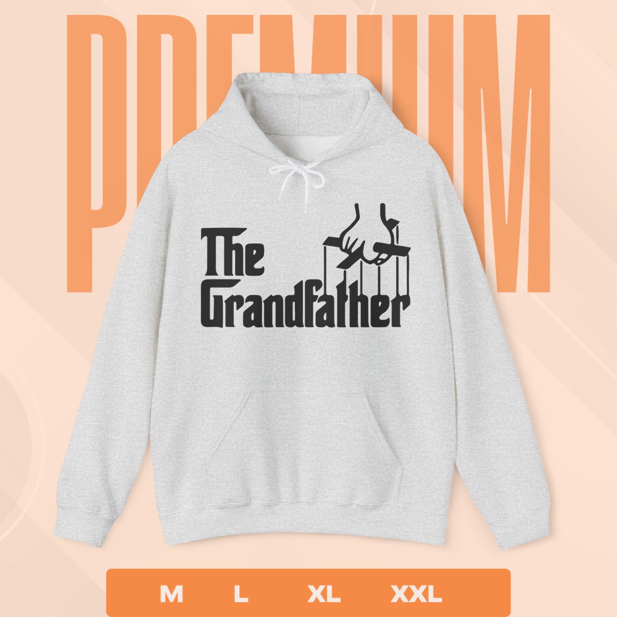 Gray hoodie with 'The Grandfather' graphic on a peach background with size options.