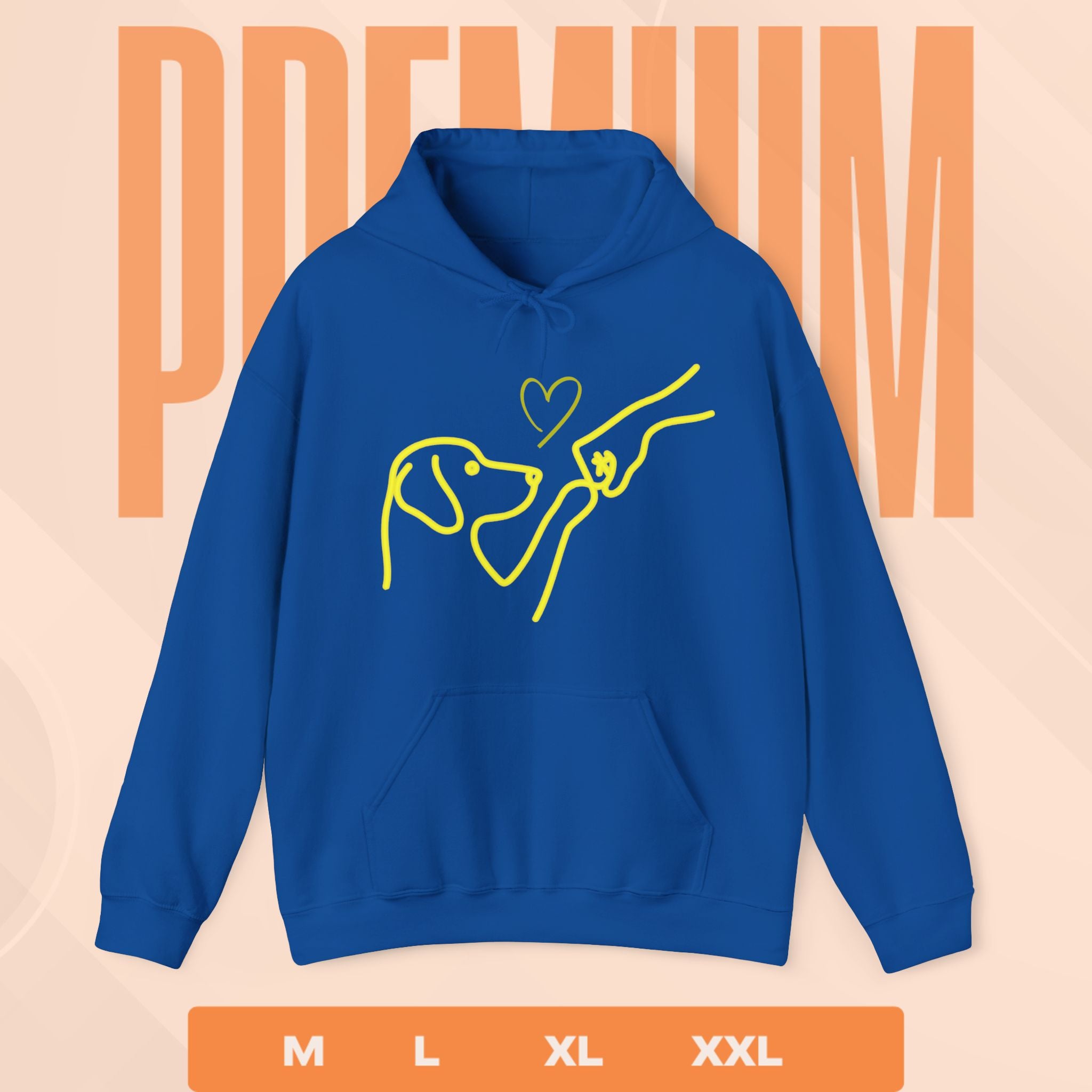 Blue hoodie with yellow graphic on a beige background