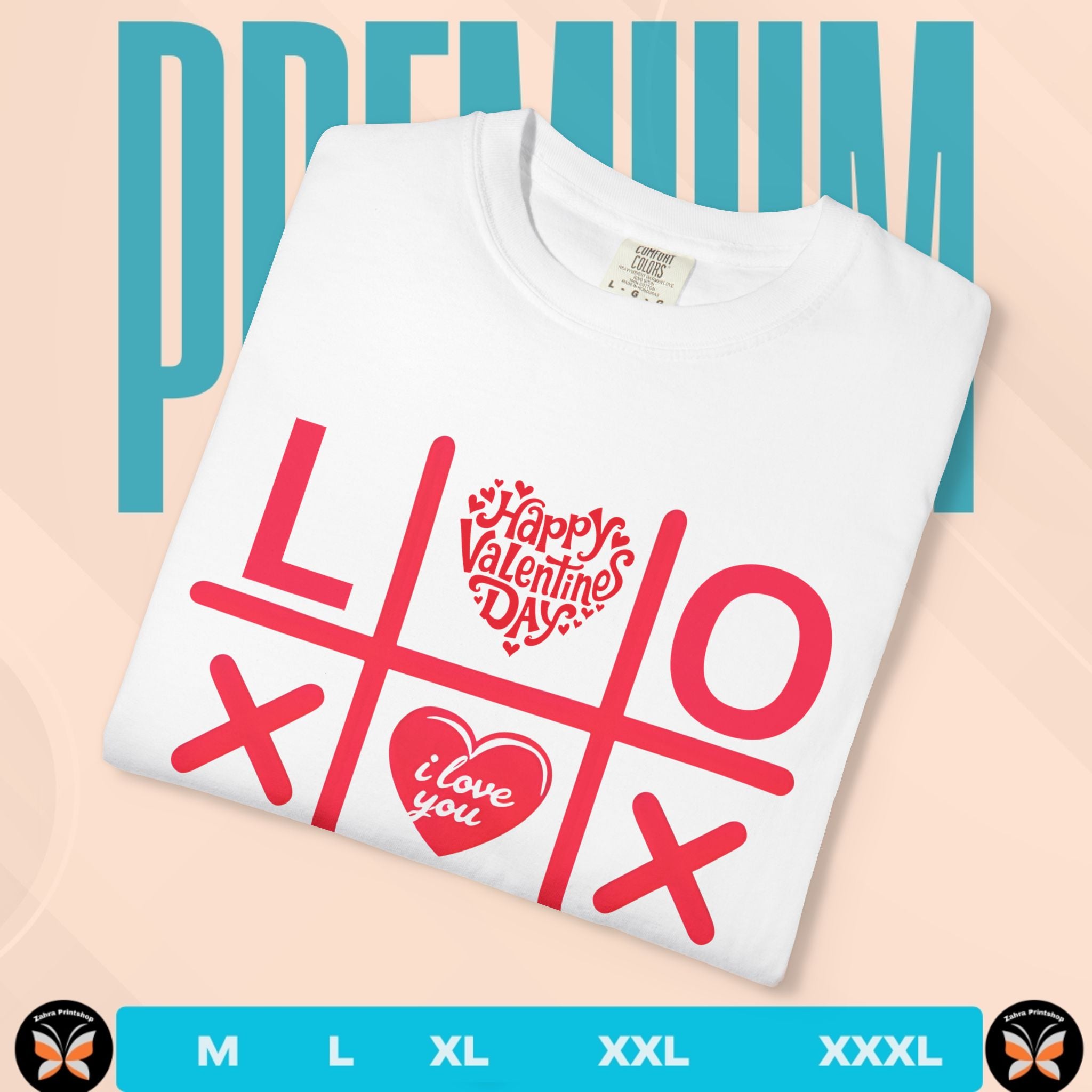 White t-shirt with red Valentine's Day design on a peach background