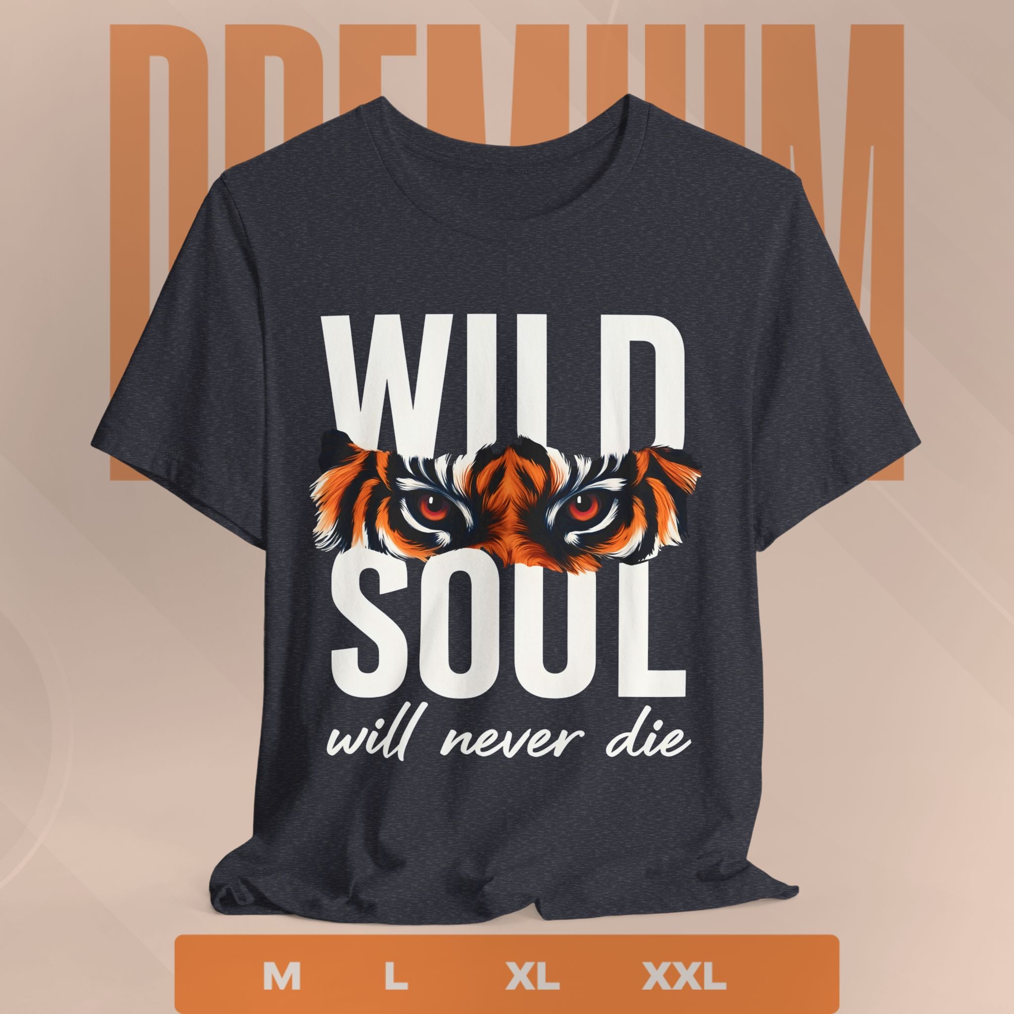 Black t-shirt with tiger design and 'Wild Soul will never die' text on a beige background