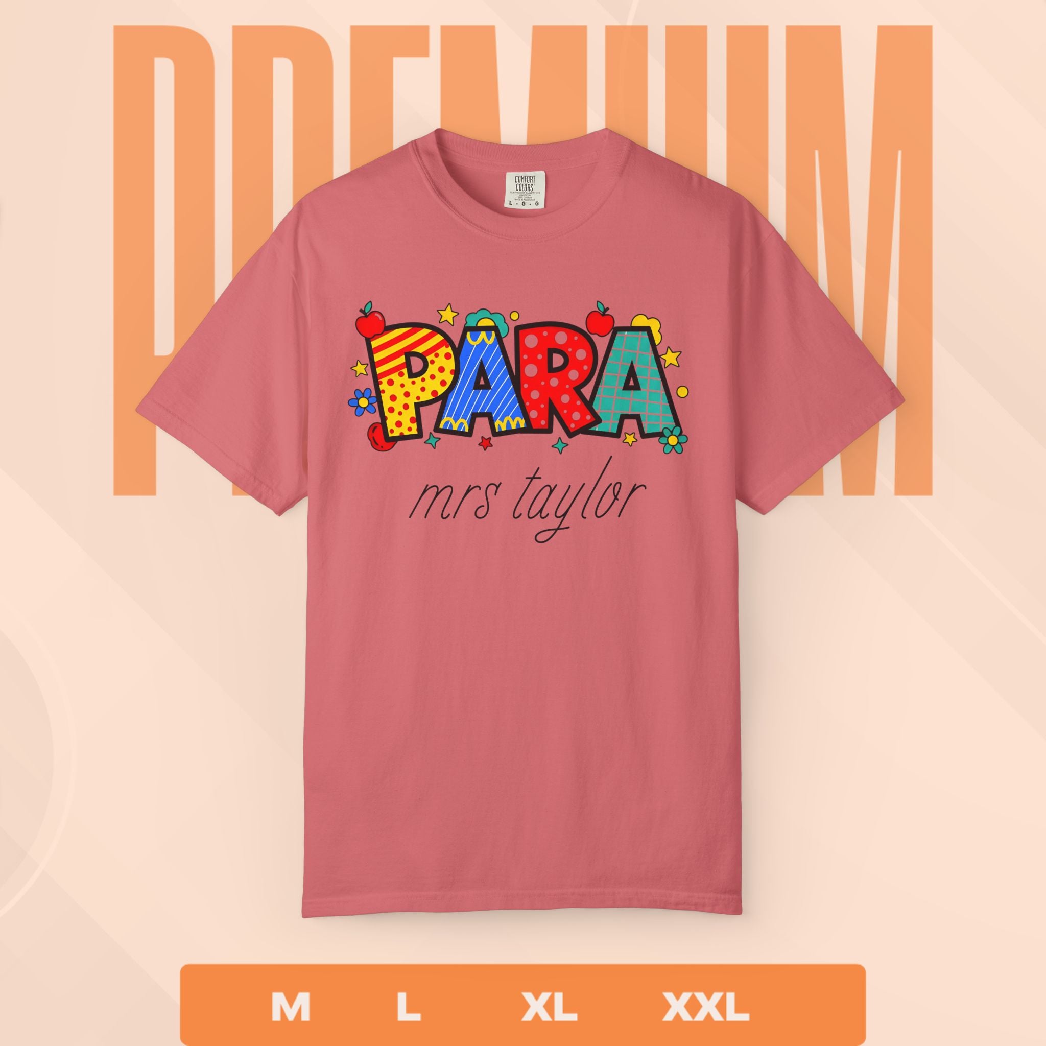 Pink t-shirt with colorful ' PARA mrs taylor' text on a peach background