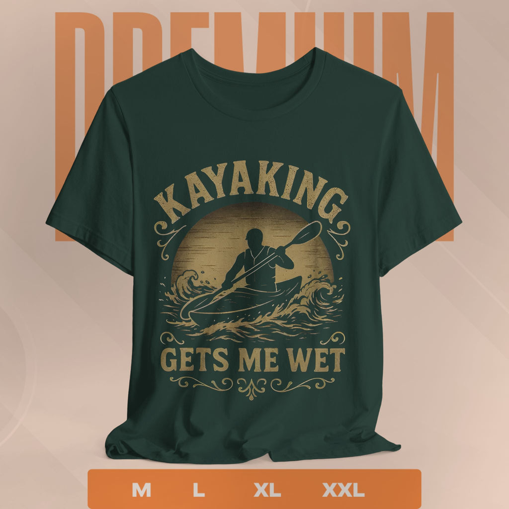 Green t-shirt with kayaking graphic and text on a beige background