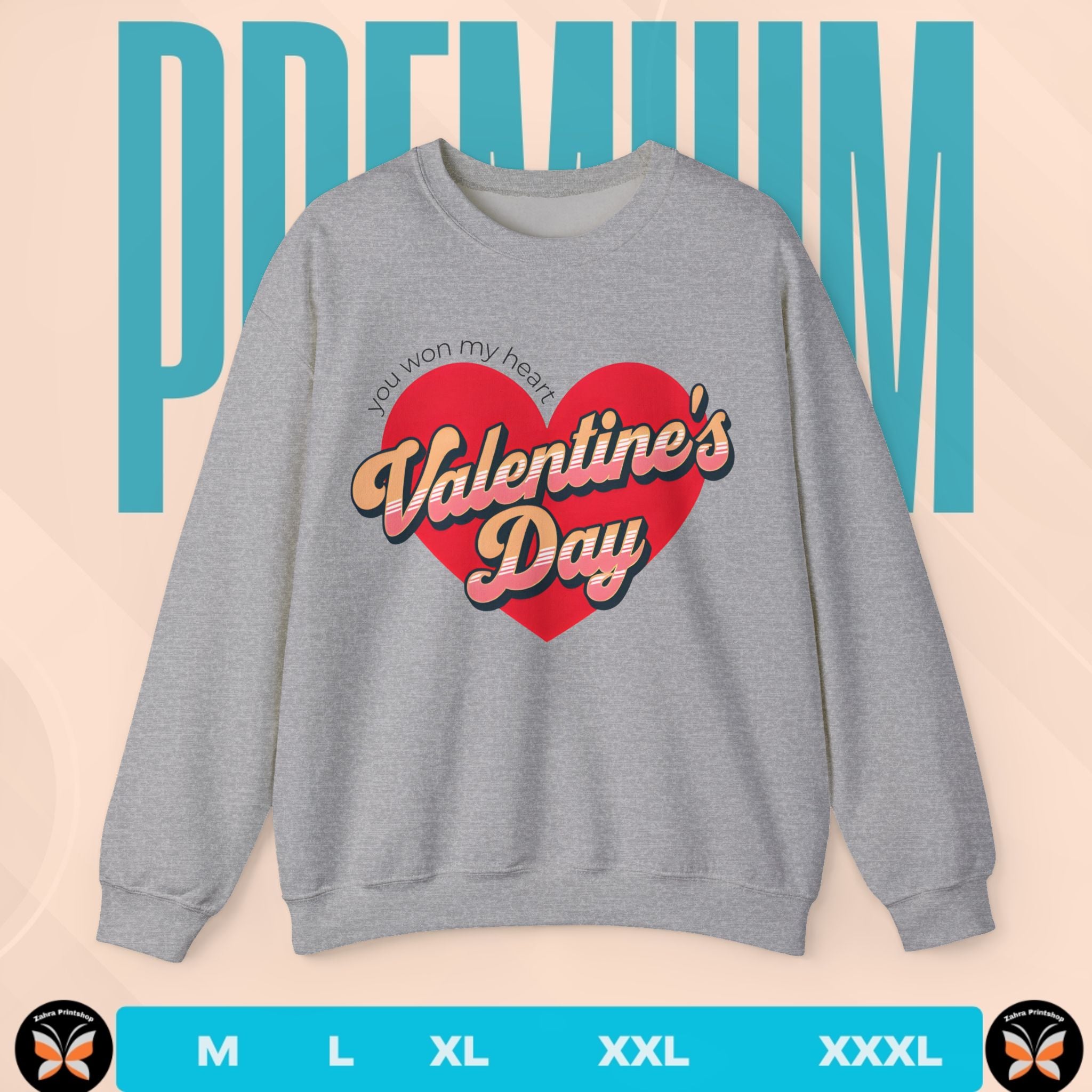 Gray sweatshirt with Valentine's Day design on a beige background