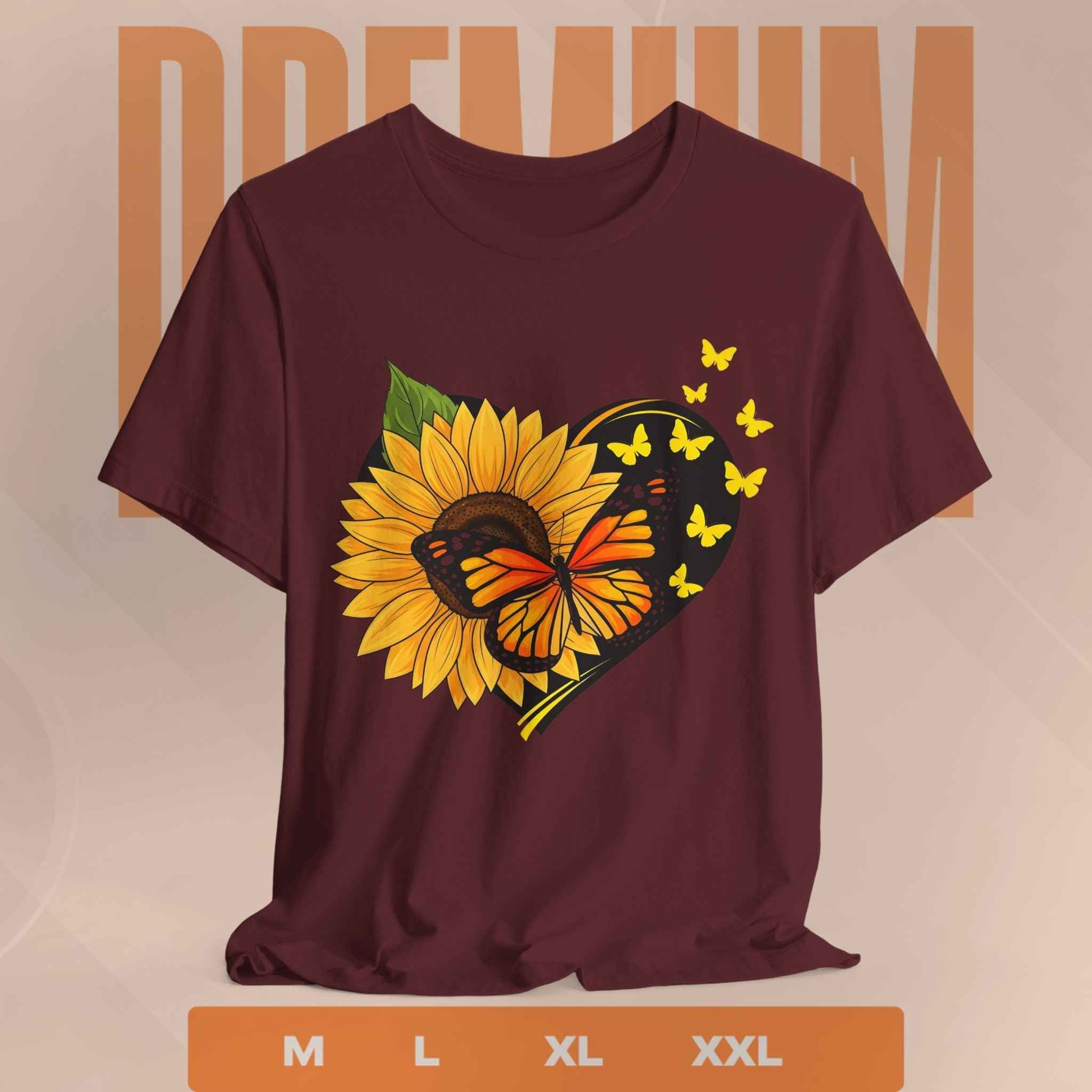 Sunflower & Monarch Heart Tee — Butterfly Floral Graphic T-Shirt
