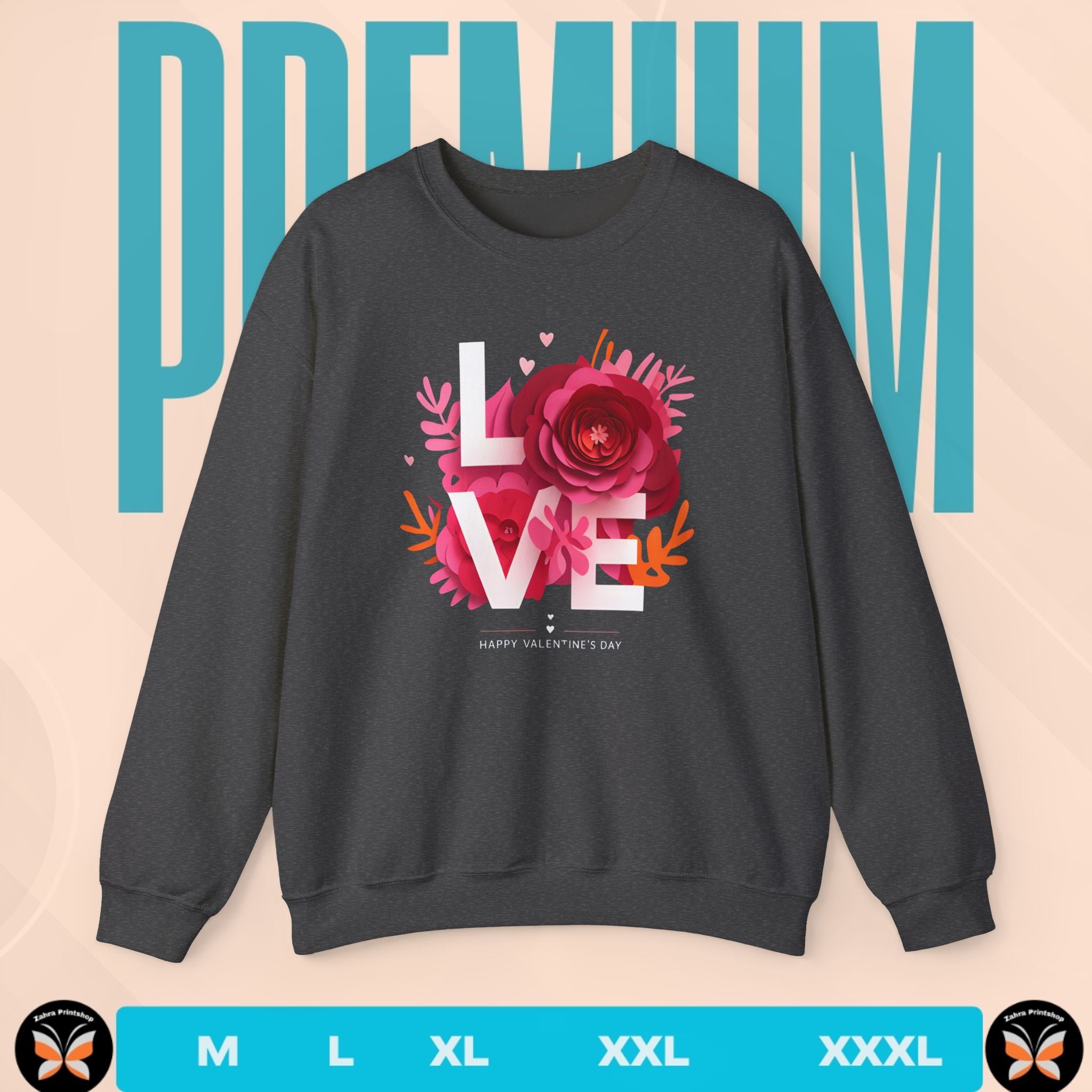 Black sweatshirt with floral 'LOVE' design on a beige background