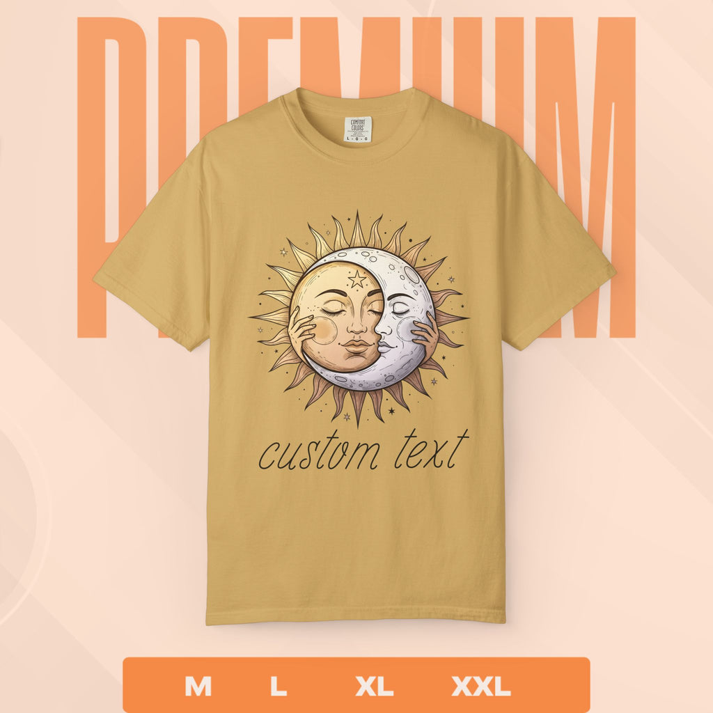 Beige t-shirt with sun and moon design and customizable text on a peach background.