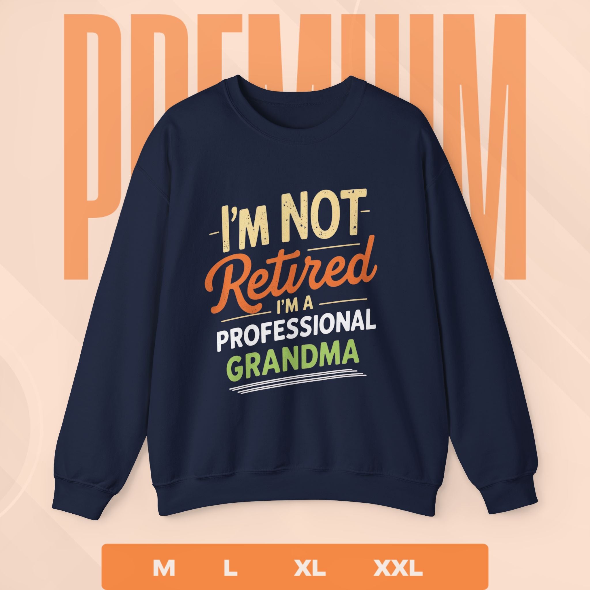 Navy blue sweatshirt with colorful text on a peach background