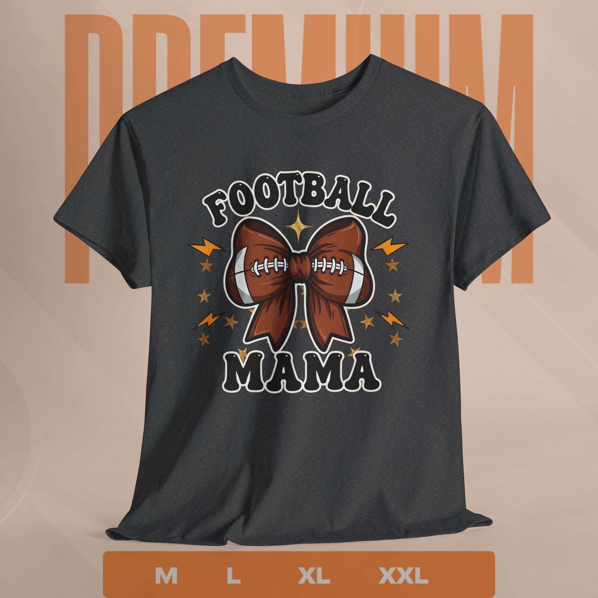 Black t-shirt with 'Football Mama' design on a beige background