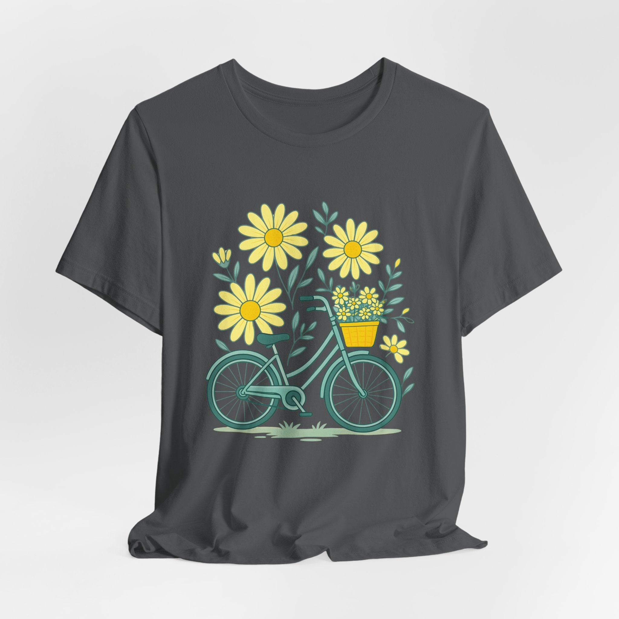 heather grey t-shirt with a bicycle and flower design on a white background