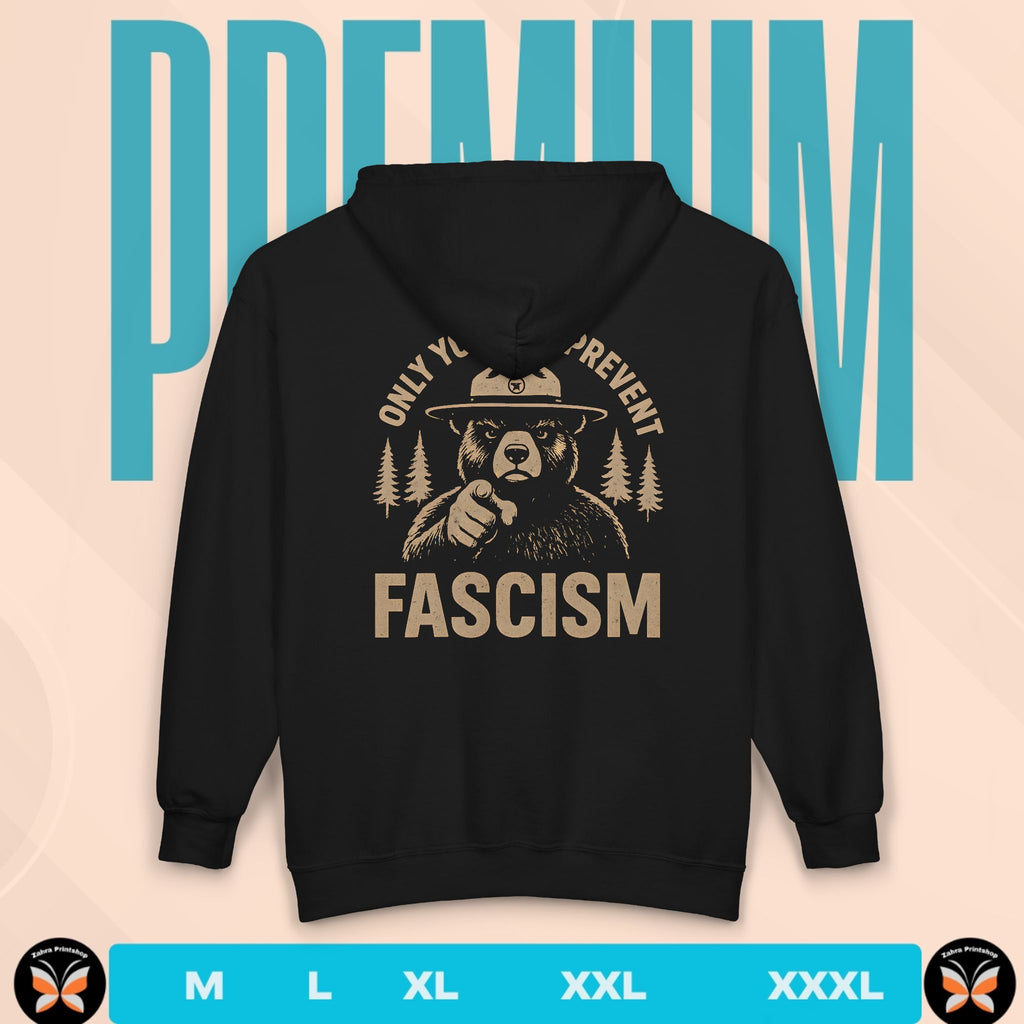 Black hoodie with bear graphic and text on the back, displayed against a beige background with 'PREMIUM' text.