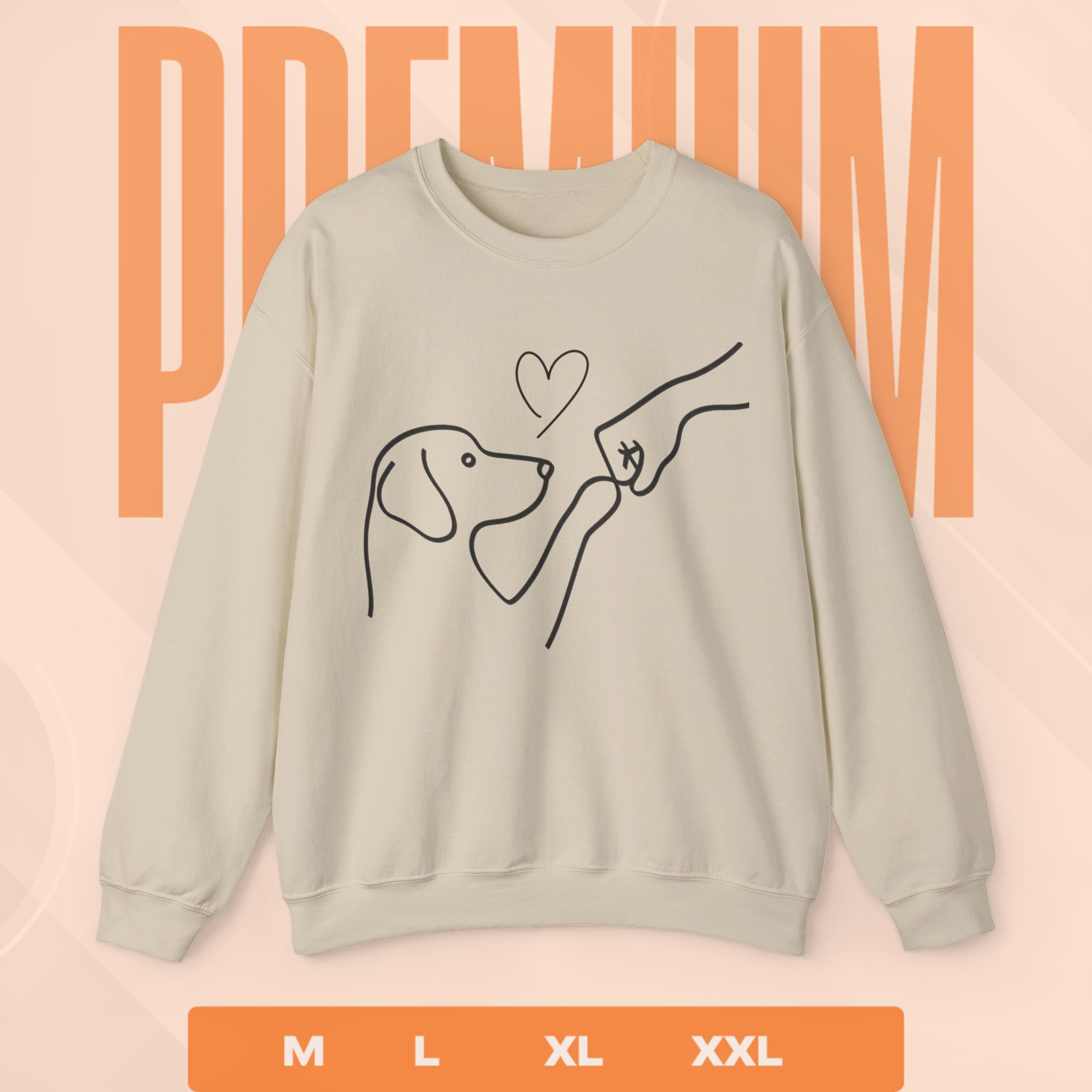 Sand sweatshirt with a dog and hand illustration on a peach background with 'PREMIUM' text.