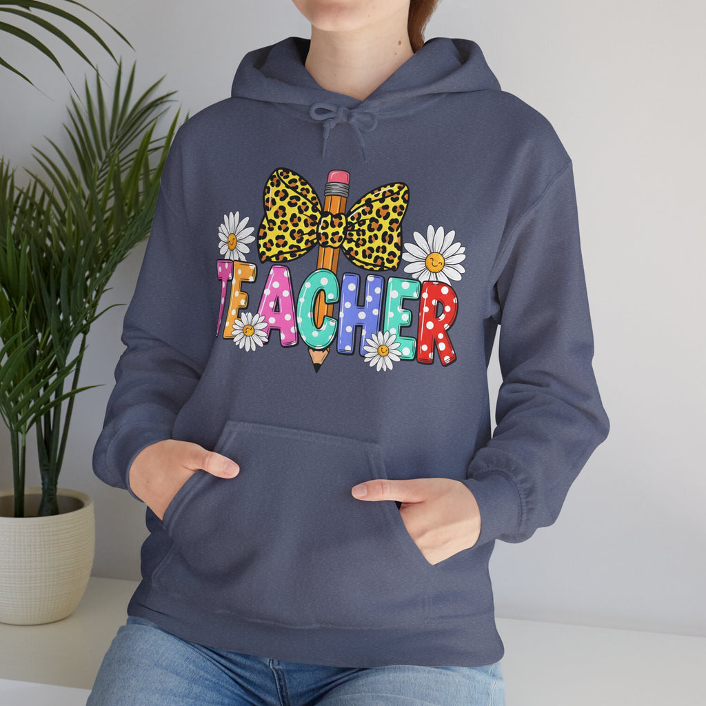 Teacher Leopard Bow Pencil Hoodie — Colorful Floral Teacher Sweatshirt