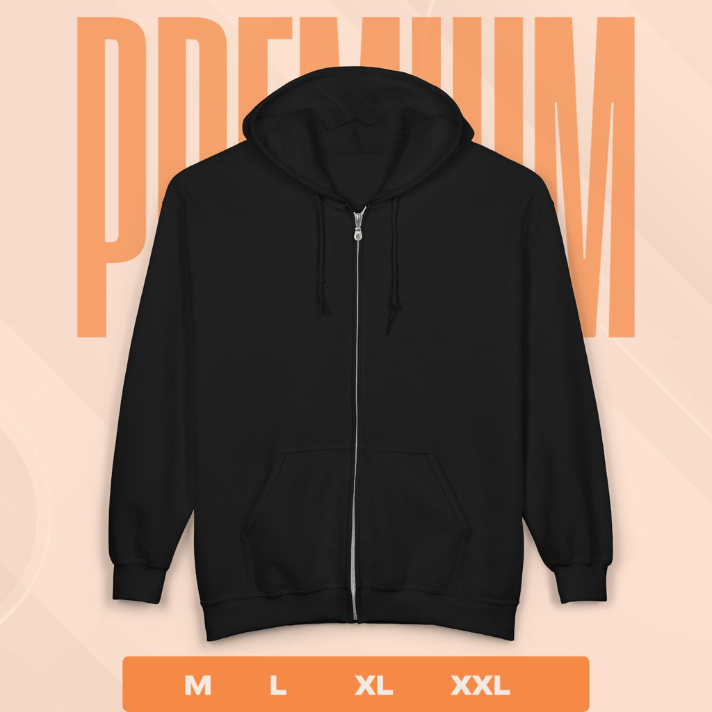Black hoodie with a 'Premium' text and size options on a beige background
