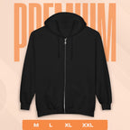 Black hoodie with a 'Premium' text and size options on a beige background