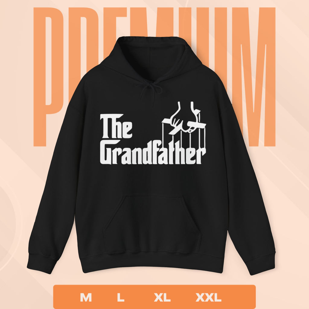 Black hoodie with 'The Grandfather' text and graphic on a peach background with 'PREMIUM' text.