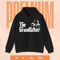Black hoodie with 'The Grandfather' text and graphic on a peach background with 'PREMIUM' text.