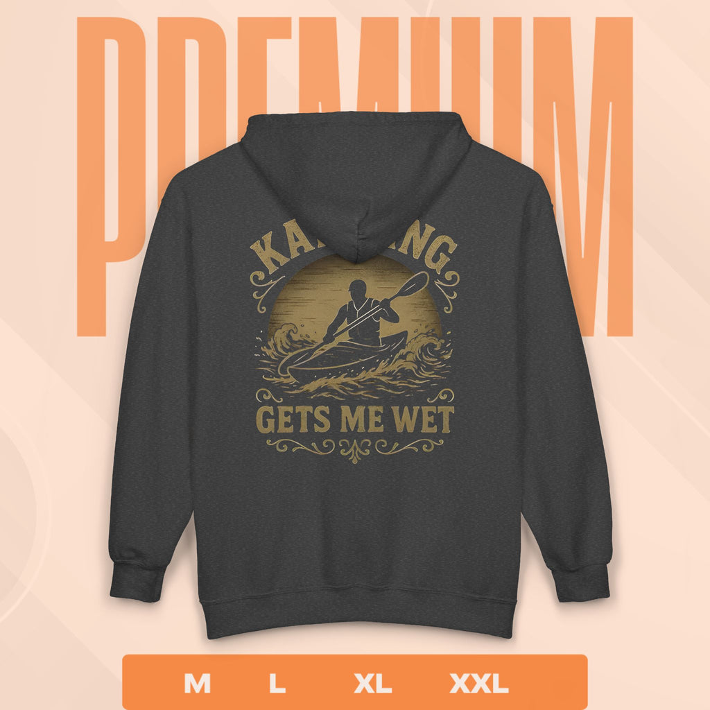 Black hoodie with a kayak graphic and text on the back, displayed against a peach background with 'PREMIUM' text.