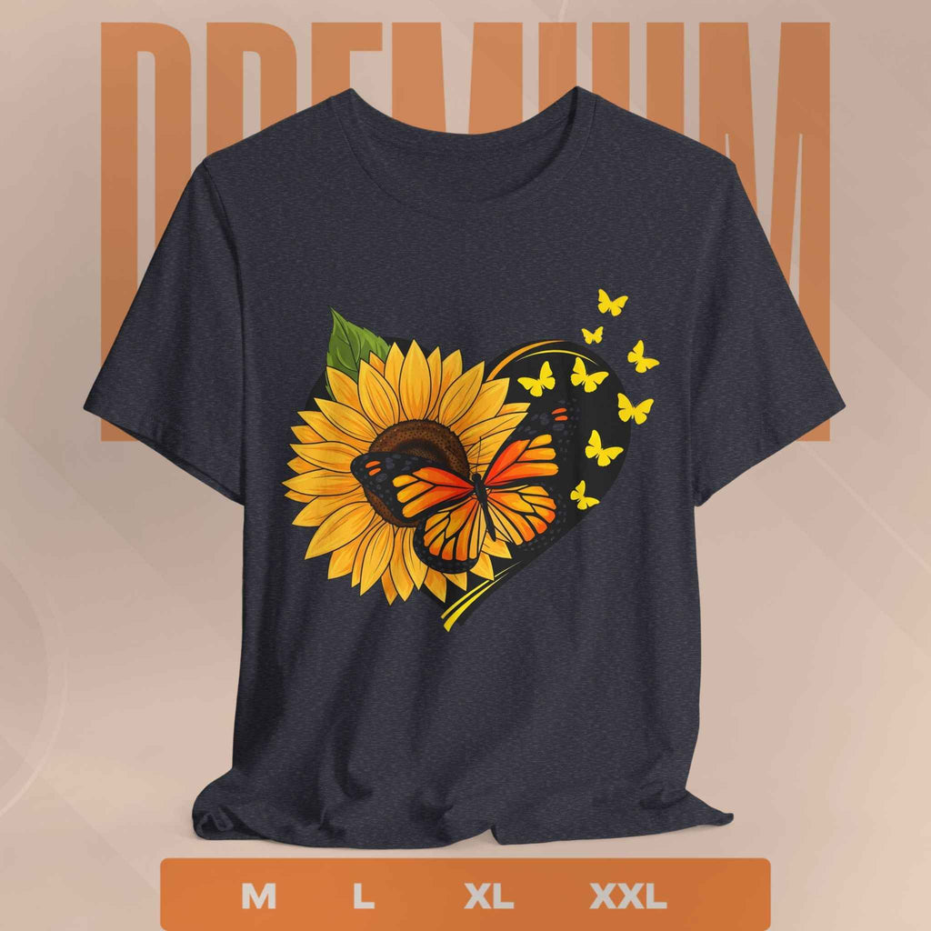 Sunflower & Monarch Heart Tee — Butterfly Floral Graphic T-Shirt