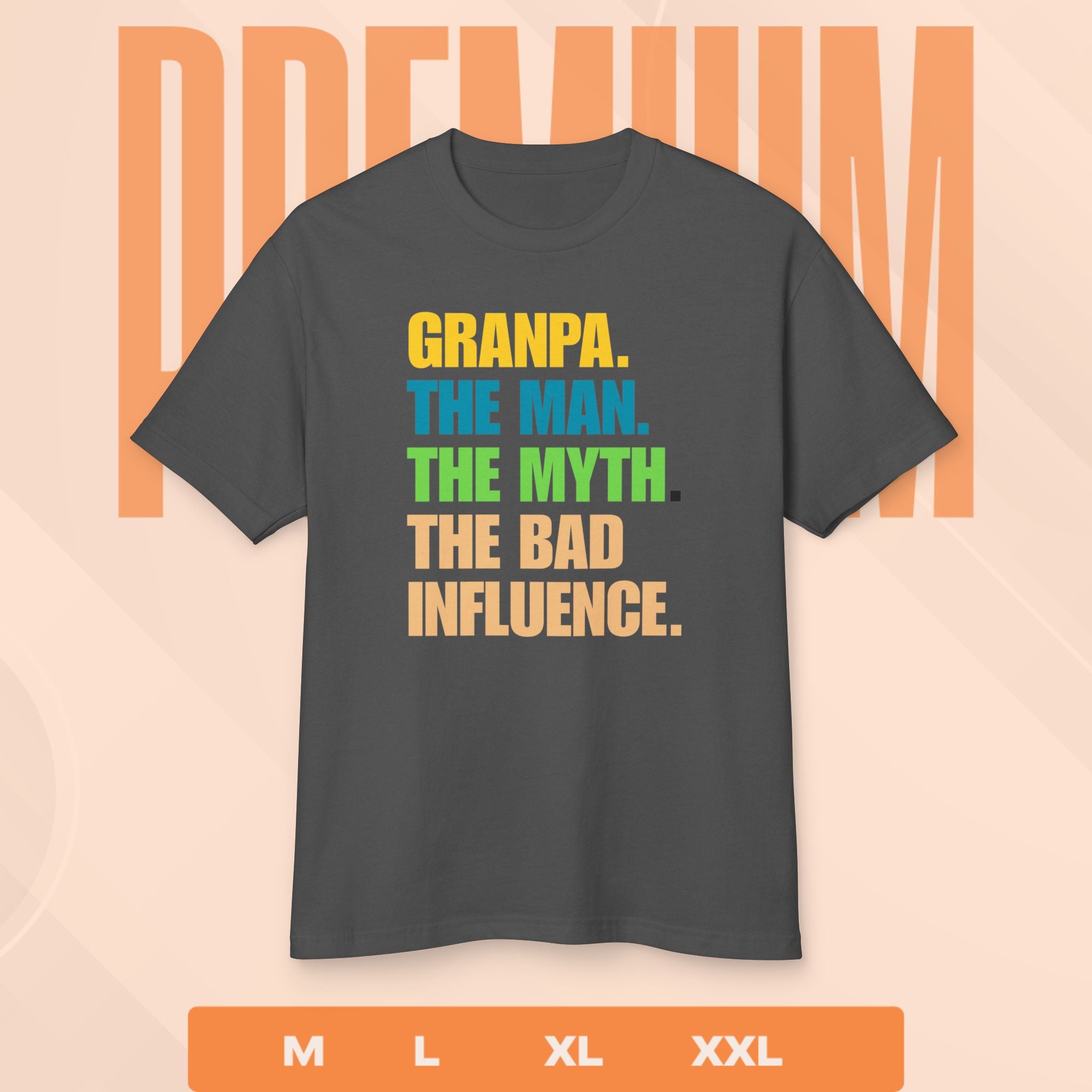 Gray t-shirt with colorful text on a peach background