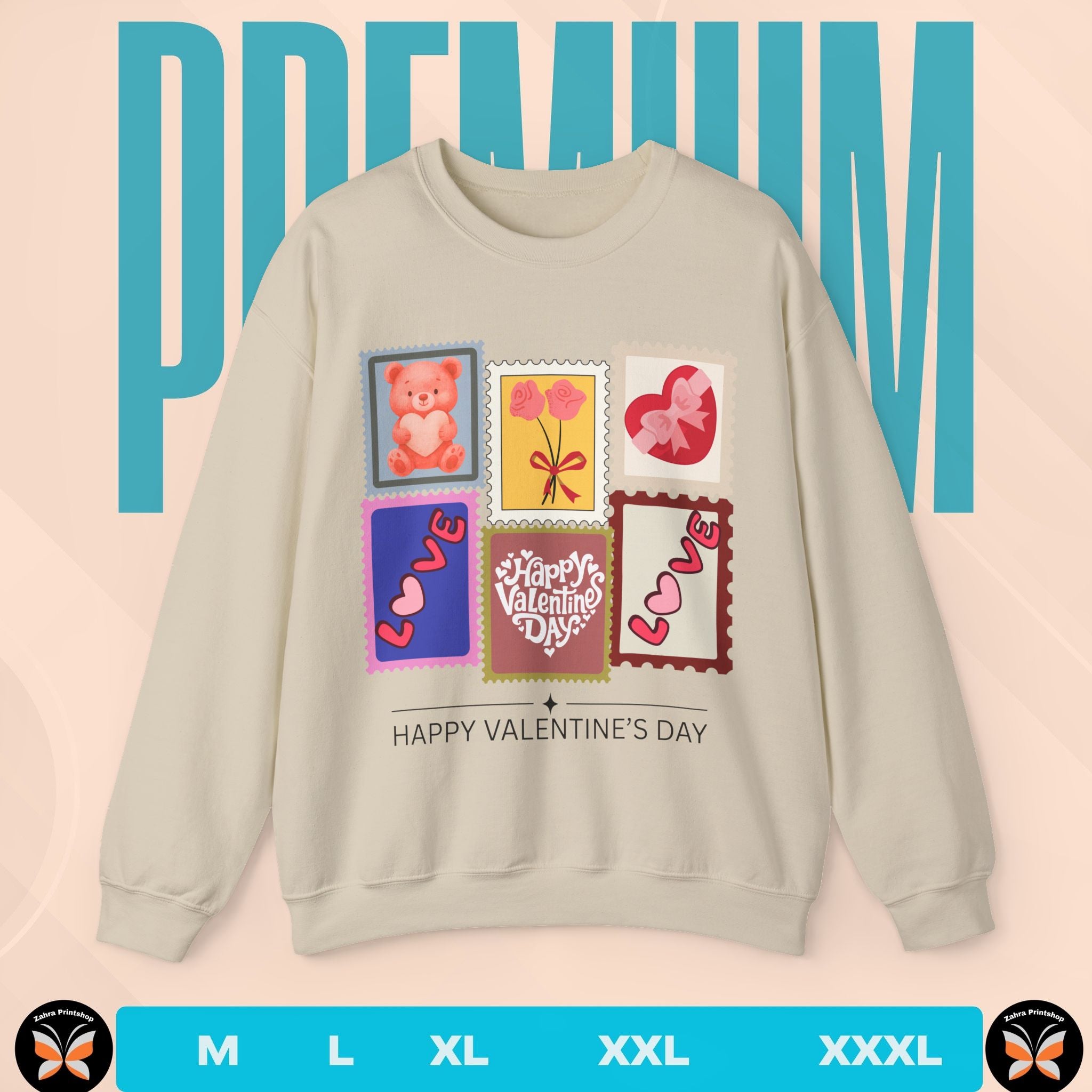 Beige sweatshirt with Valentine's Day designs on a pink background with 'PREMIUM' text.