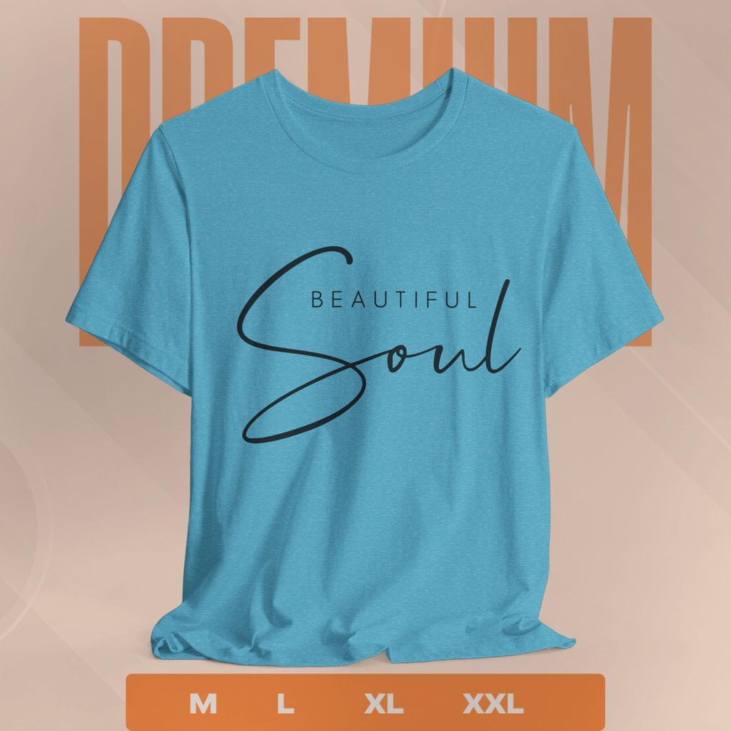 Blue t-shirt with 'Beautiful Soul' text on a beige background
