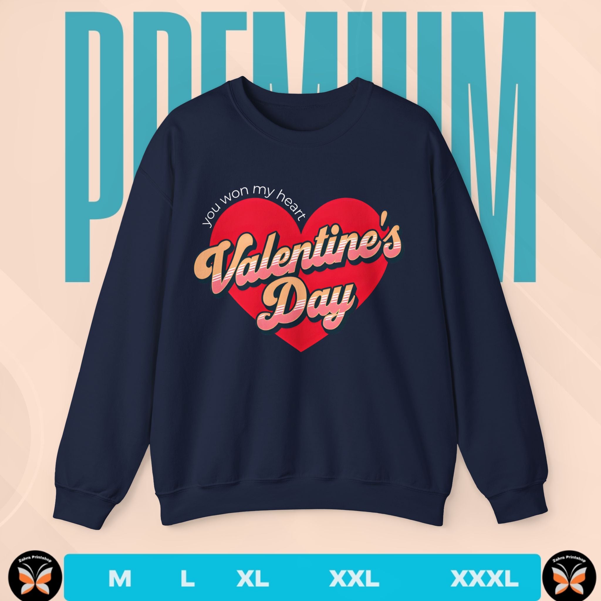 Navy blue sweatshirt with Valentine's Day design on a beige background