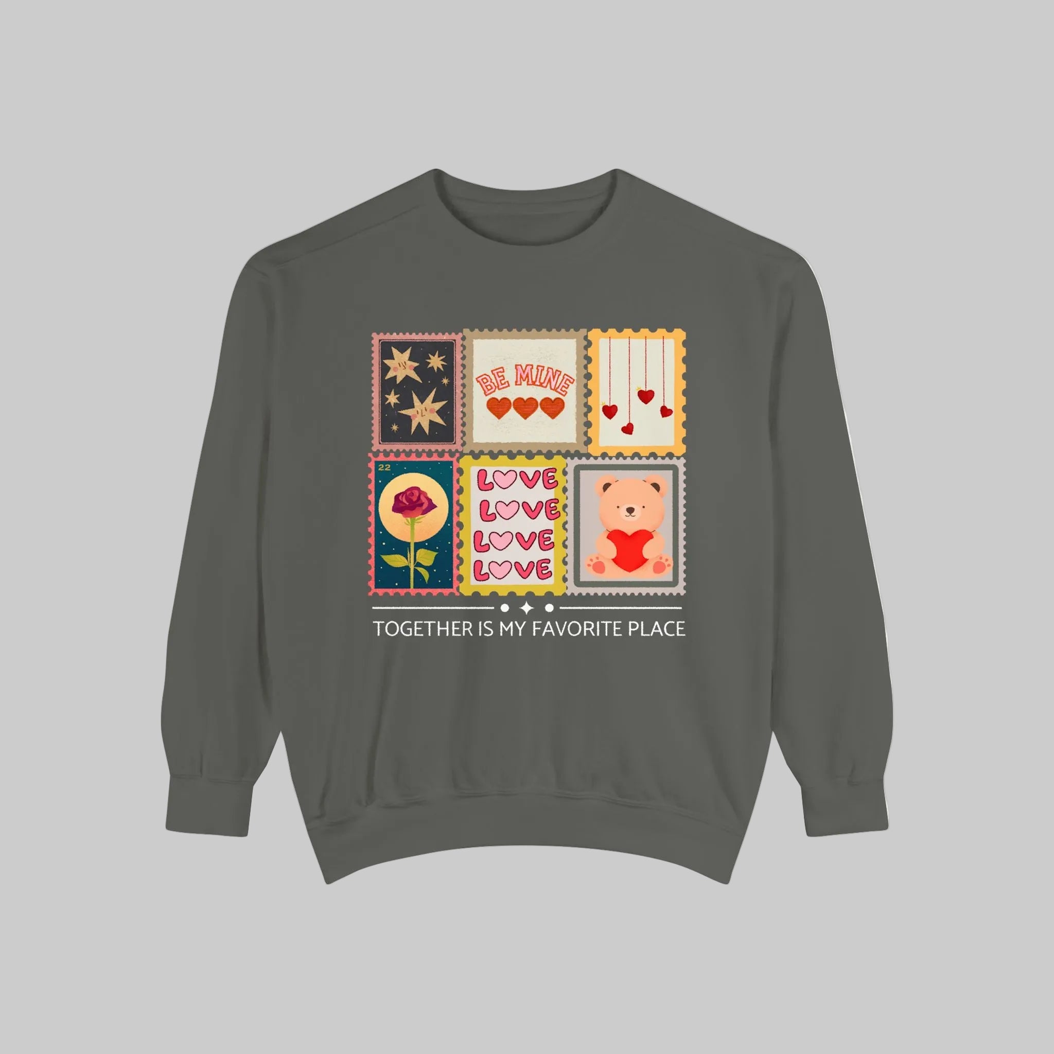Gray sweatshirt with colorful graphic design on a white background