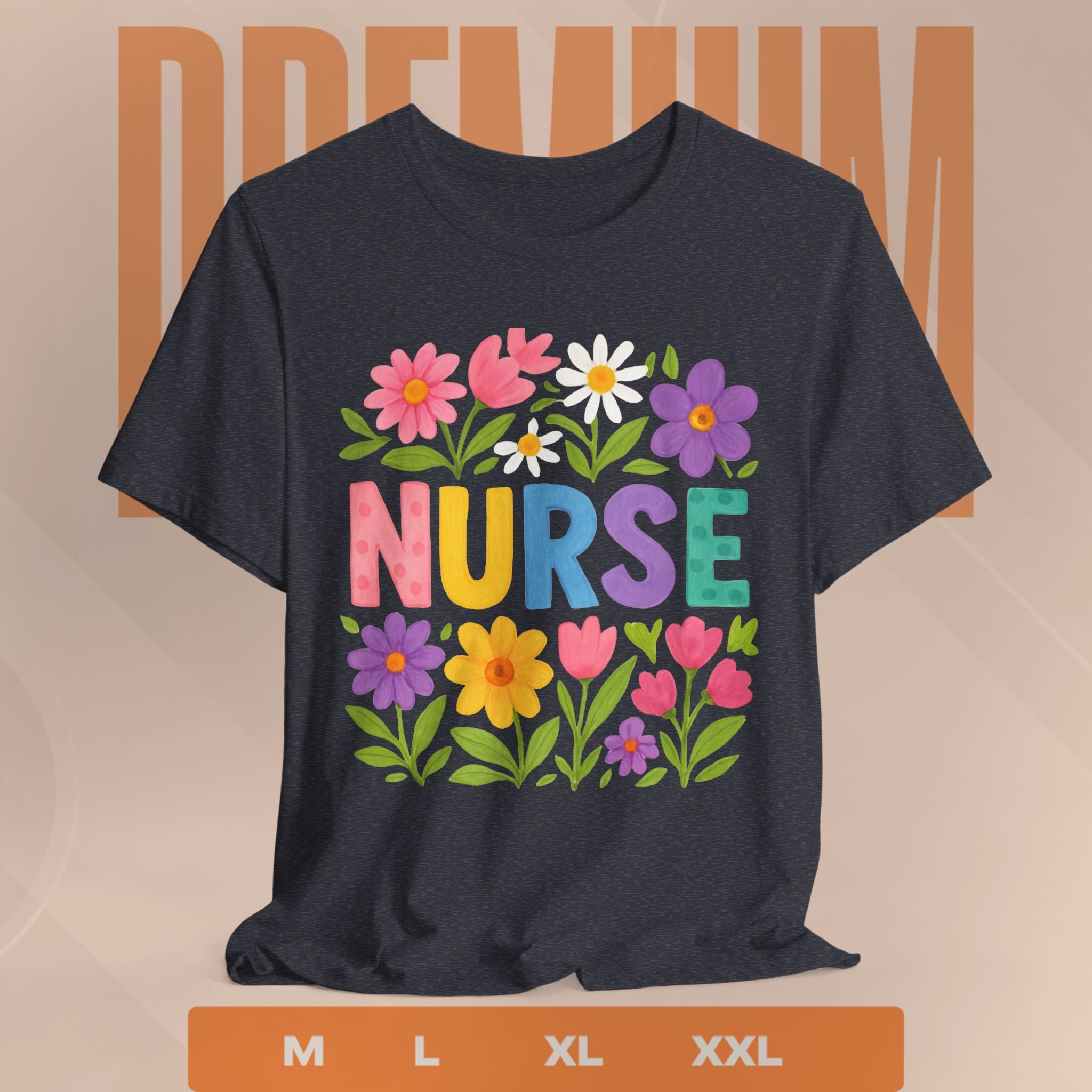Black t-shirt with colorful floral design and 'NURSE' text on a beige background