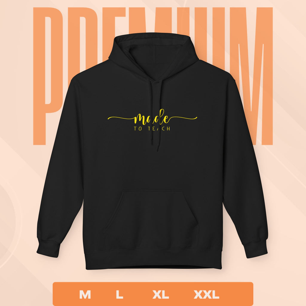 Black hoodie with yellow text on a peach background