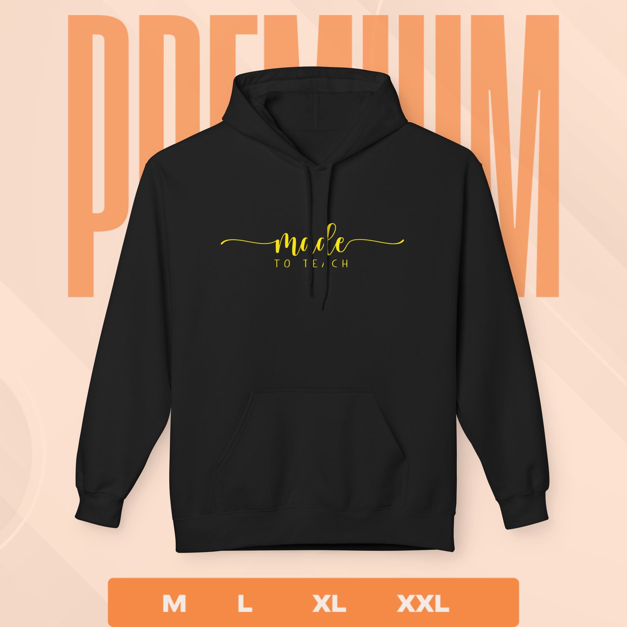 Black hoodie with yellow text on a peach background