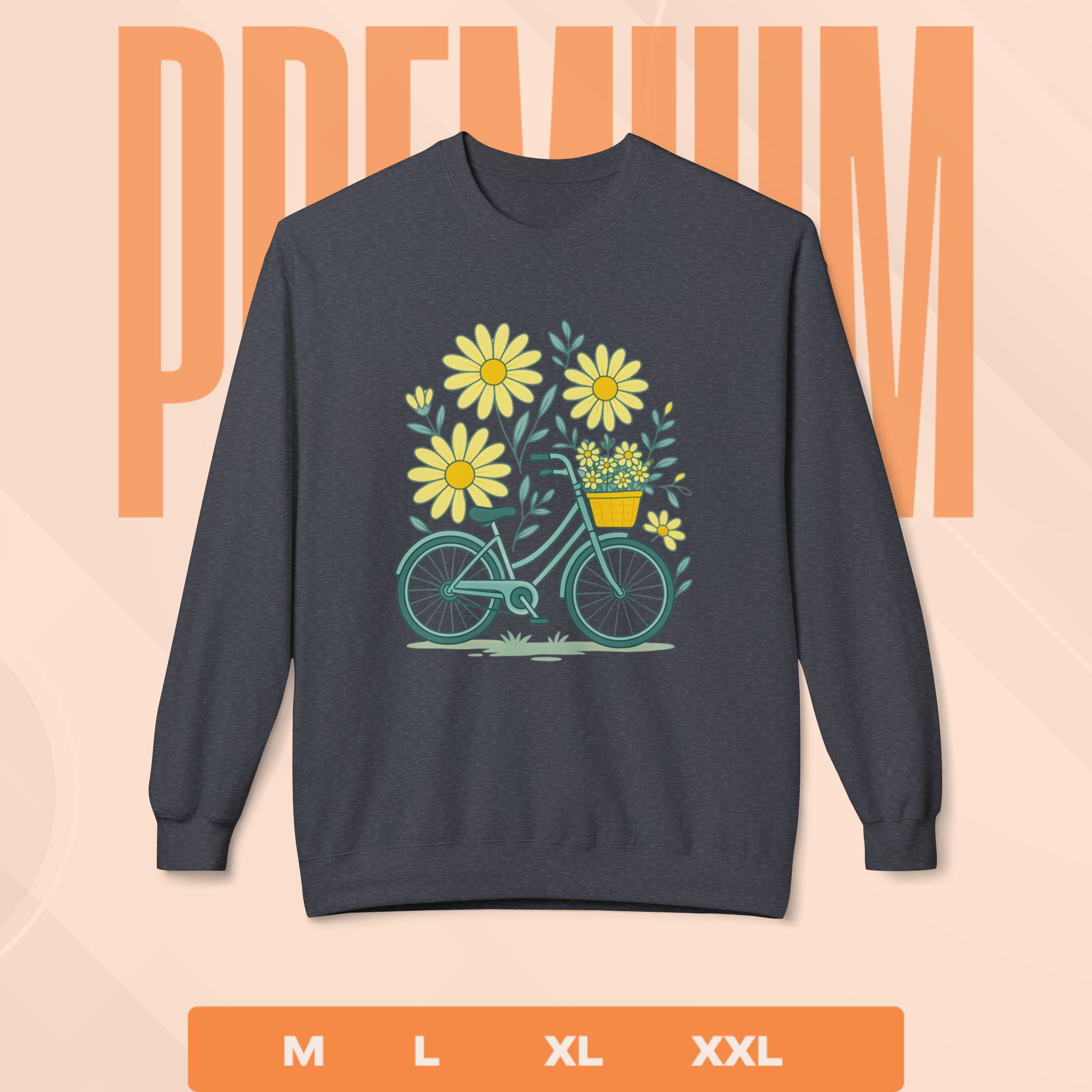 Dark heather sweatshirt with bicycle and flower design on a peach background