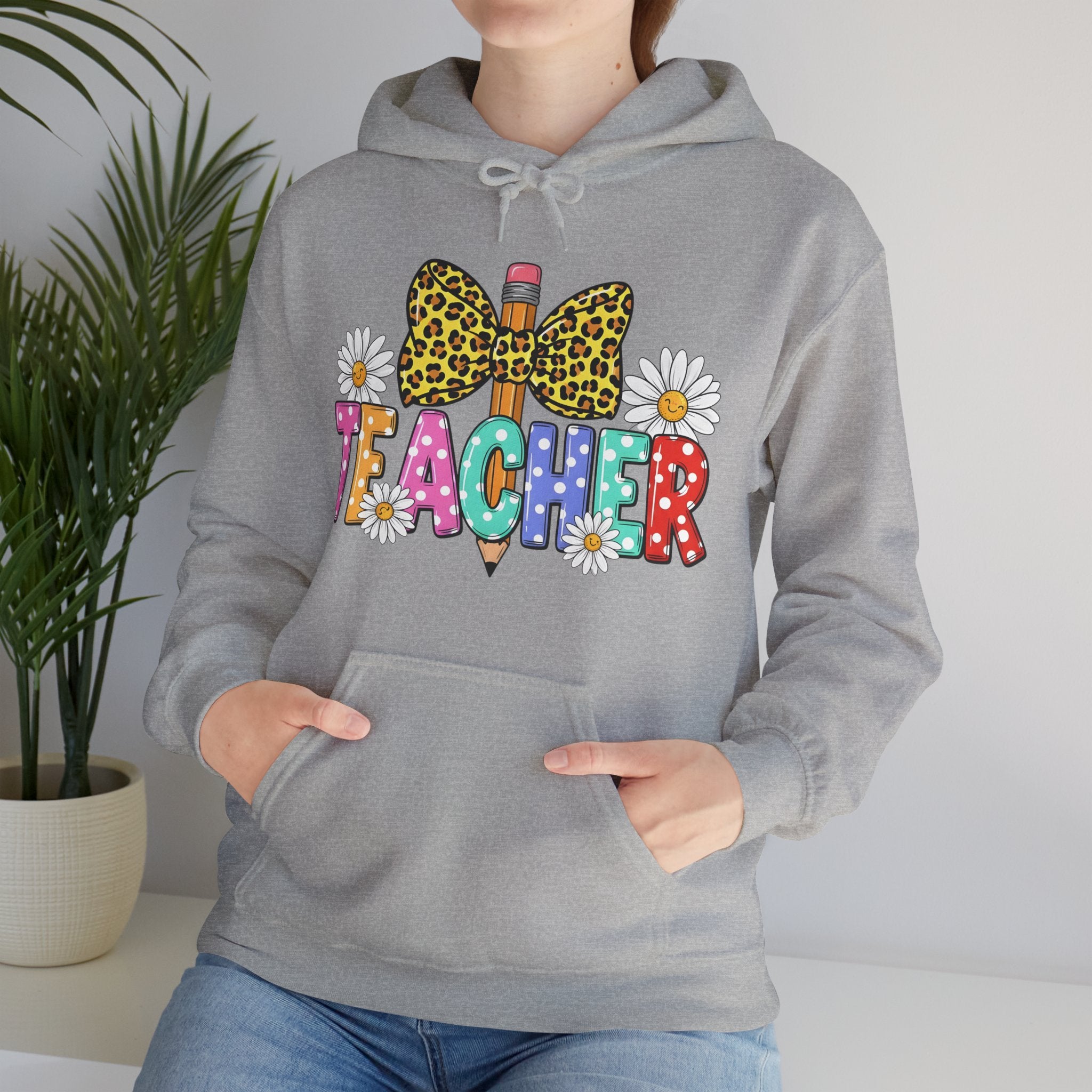 Teacher Leopard Bow Pencil Hoodie — Colorful Floral Teacher Sweatshirt