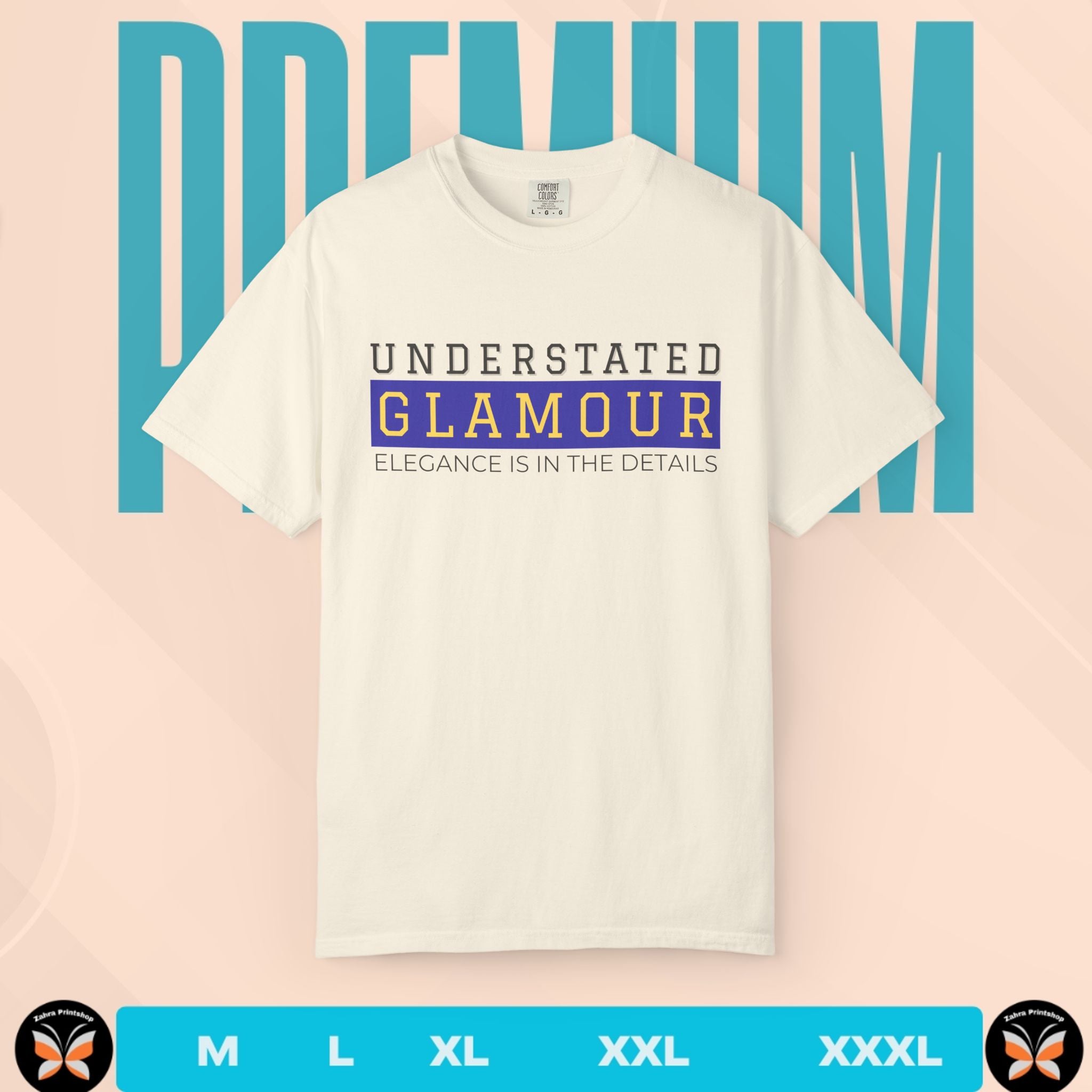 natural t-shirt with 'Understated Glamour' text on a pink and blue striped background