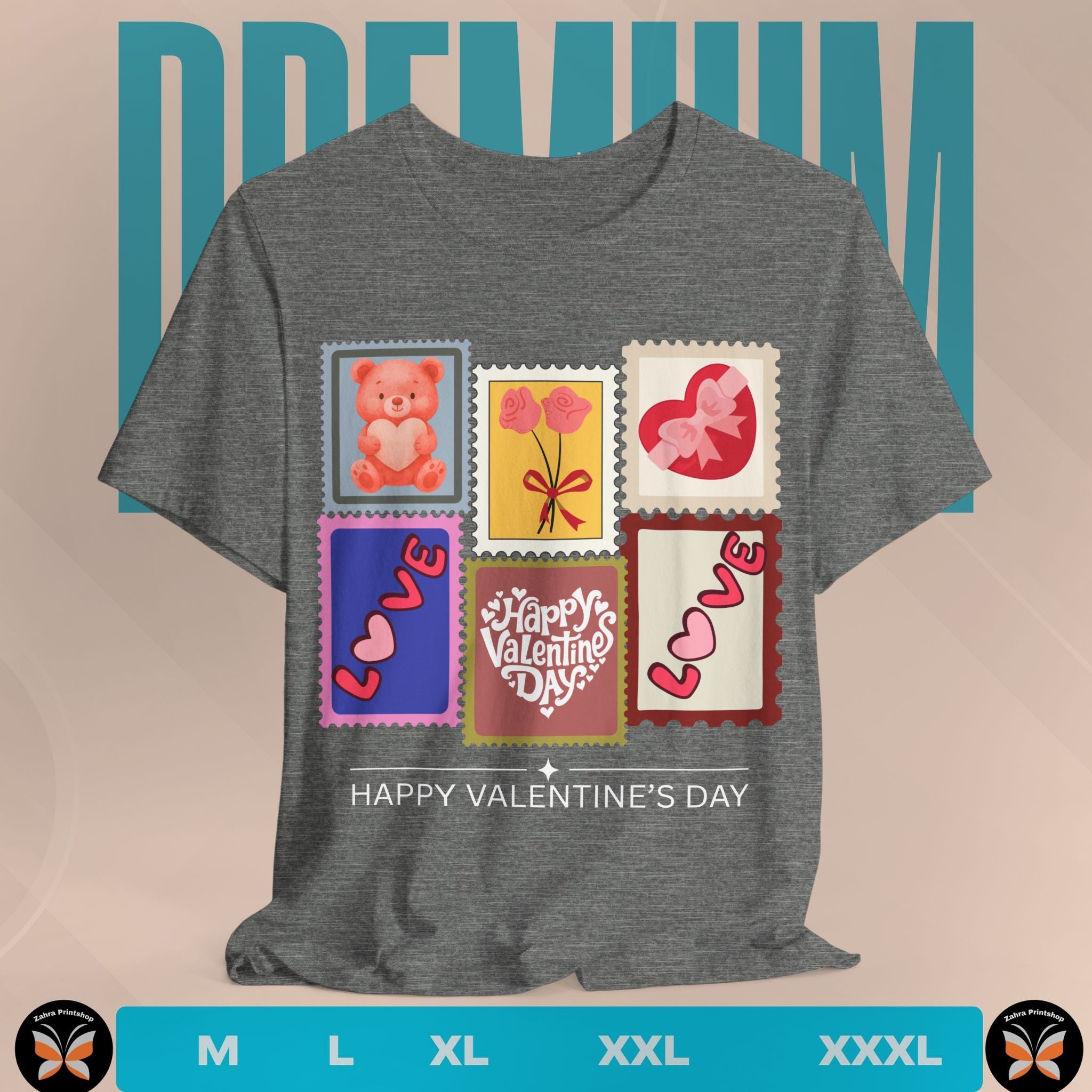 Gray t-shirt with Valentine's Day-themed postage stamp designs on a beige background.