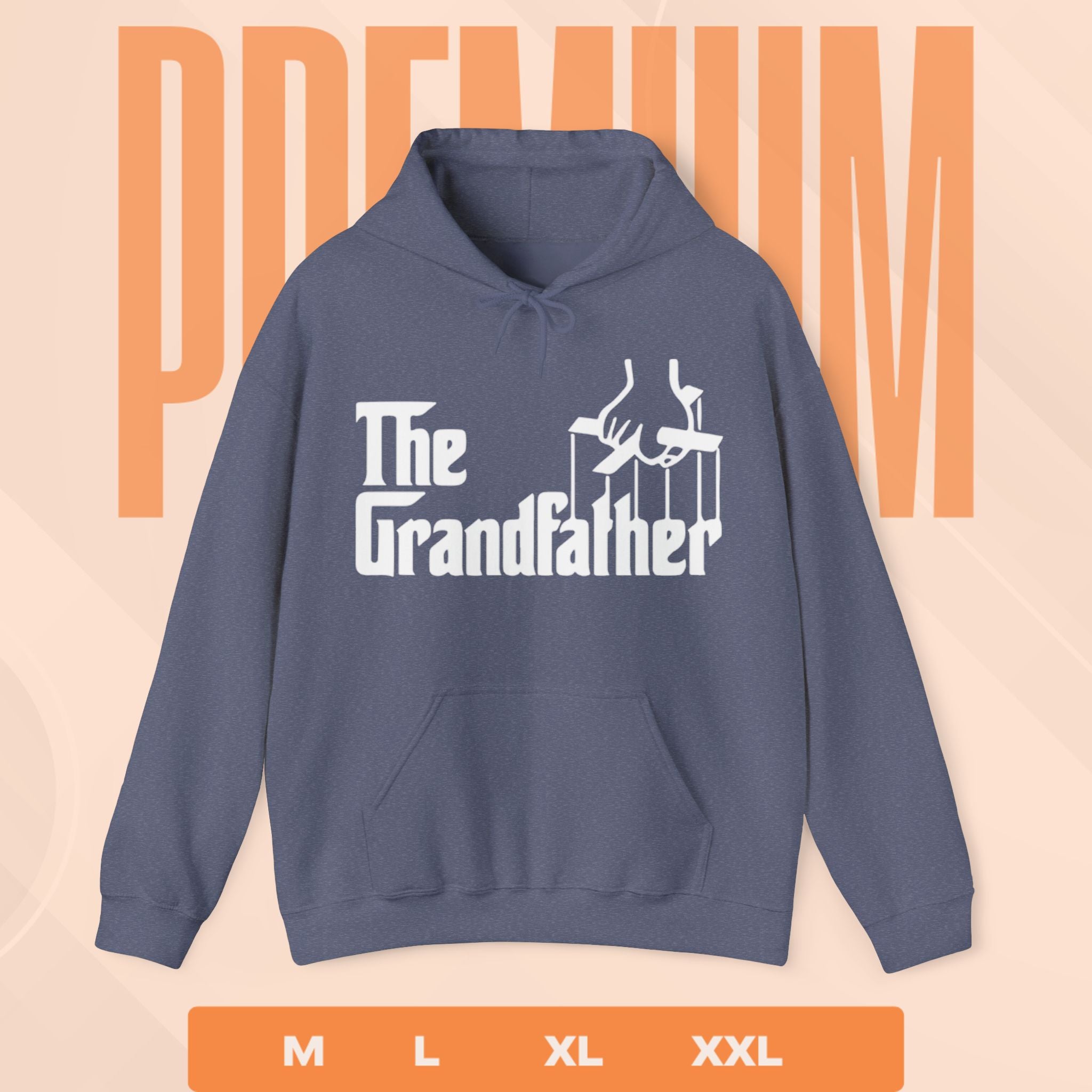 Blue hoodie with 'The Grandfather' text and graphic on a peach background