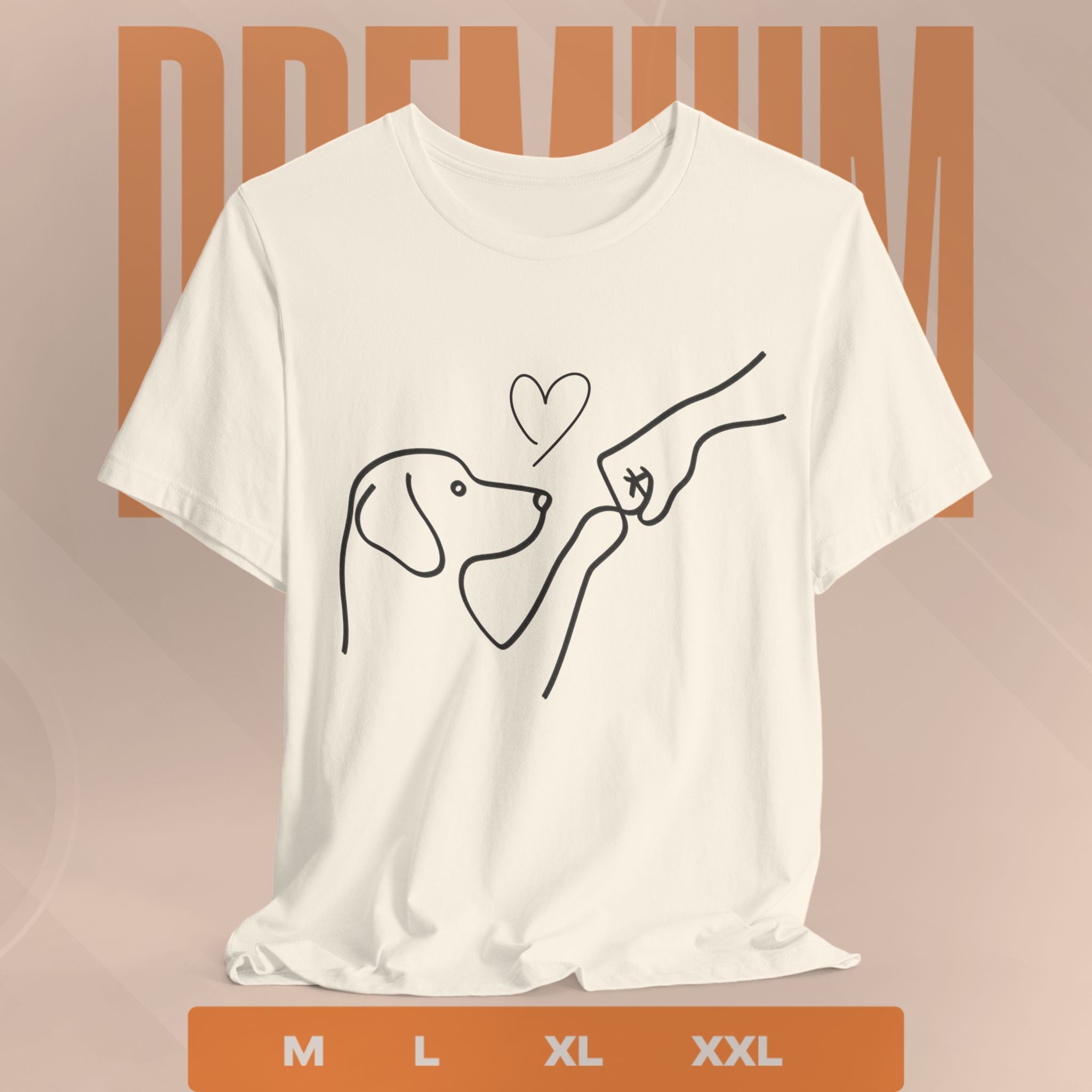 White t-shirt with a dog and hand line art design on a beige background
