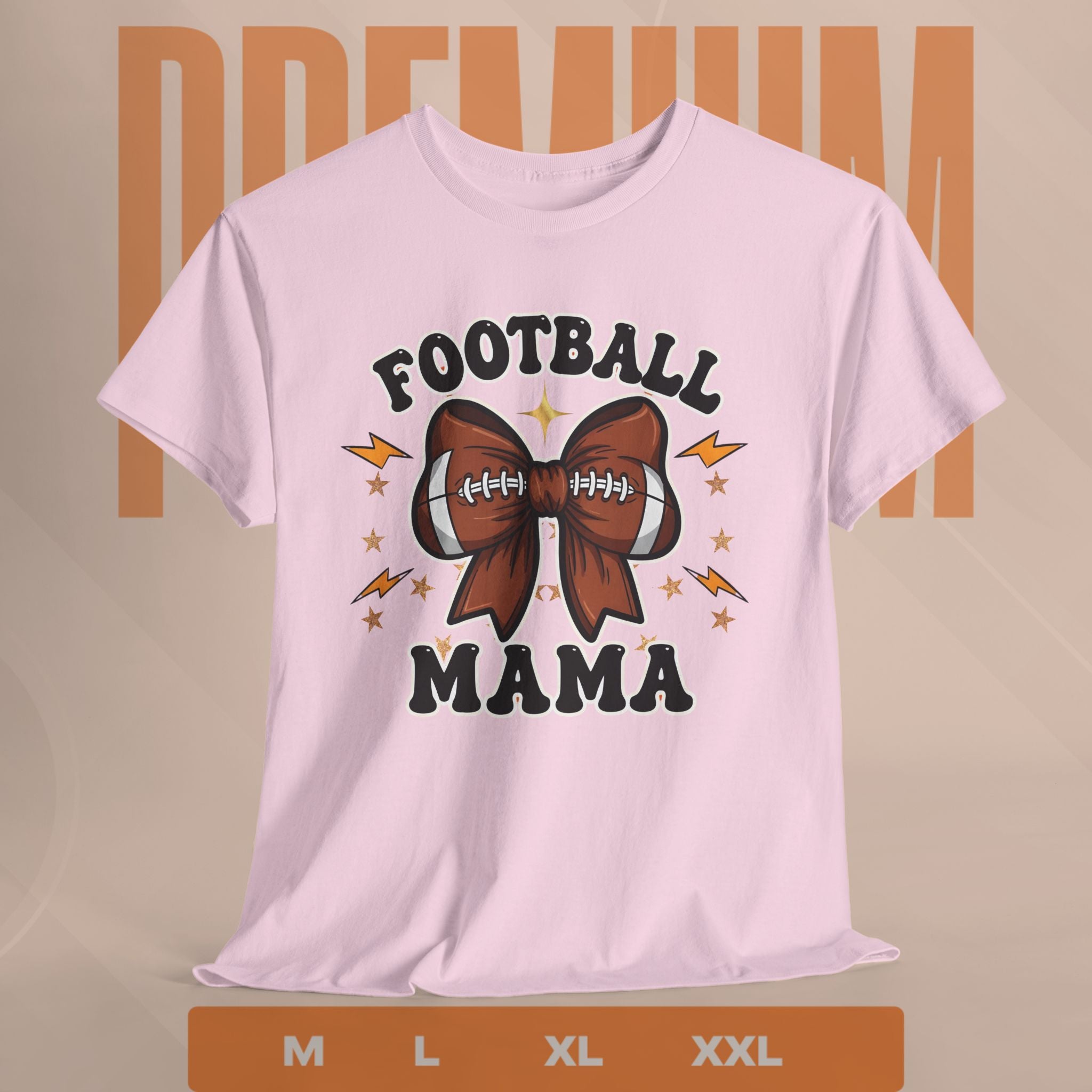 Pink t-shirt with 'Football Mama' design on a beige background