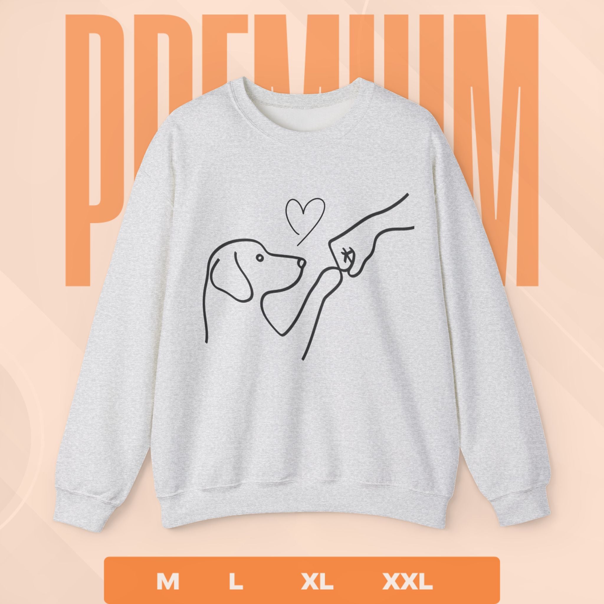 Ash sweatshirt with a dog and heart design on a peach background with 'PREMIUM' text.
