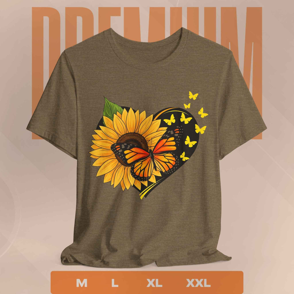 Sunflower & Monarch Heart Tee — Butterfly Floral Graphic T-Shirt