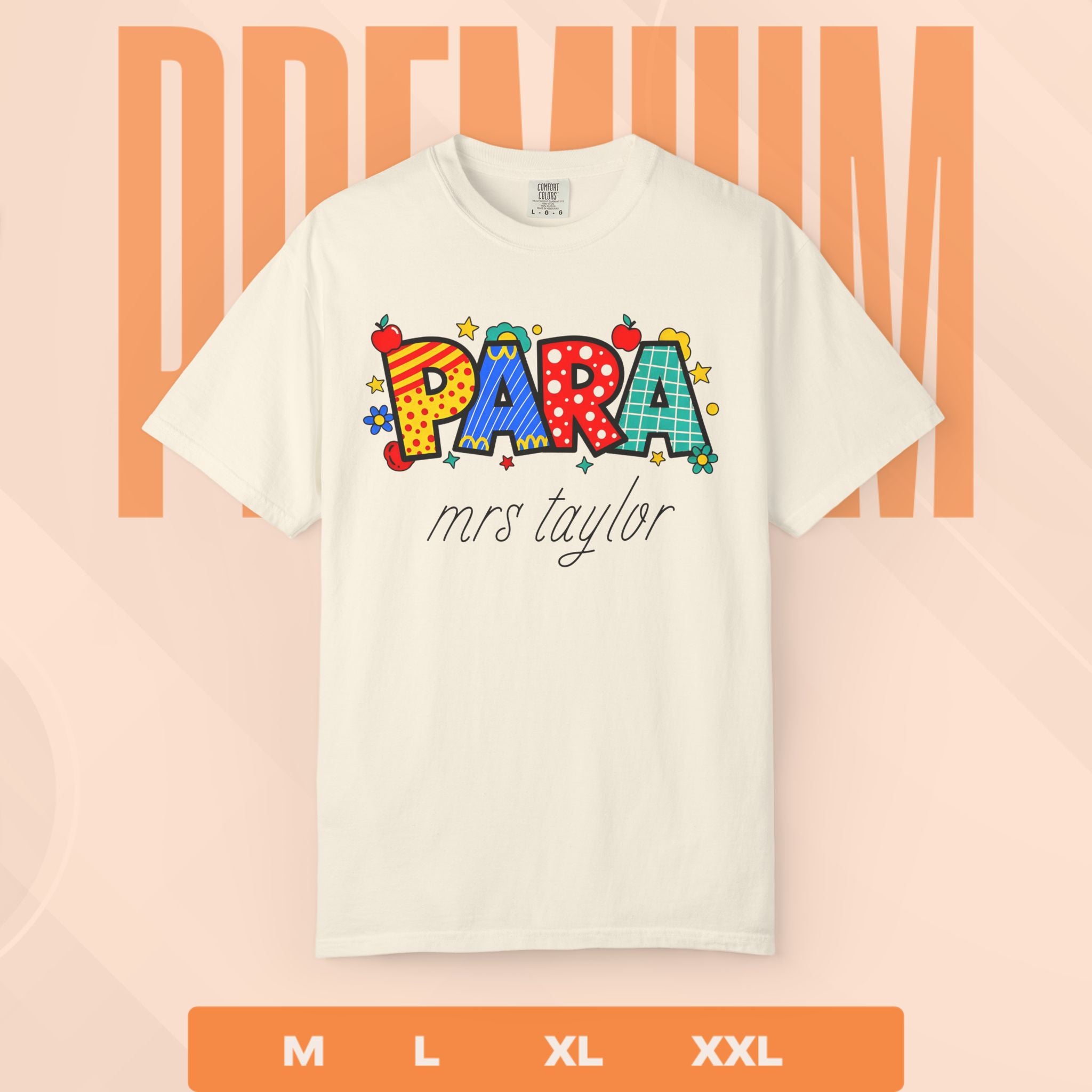 White t-shirt with colorful ' PARA ' design and 'mrs taylor' text on a peach background.