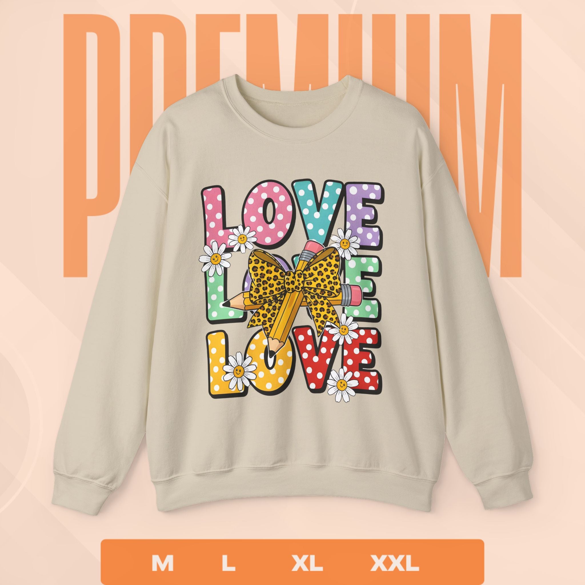Beige sweatshirt with colorful 'LOVE' graphic on a peach background