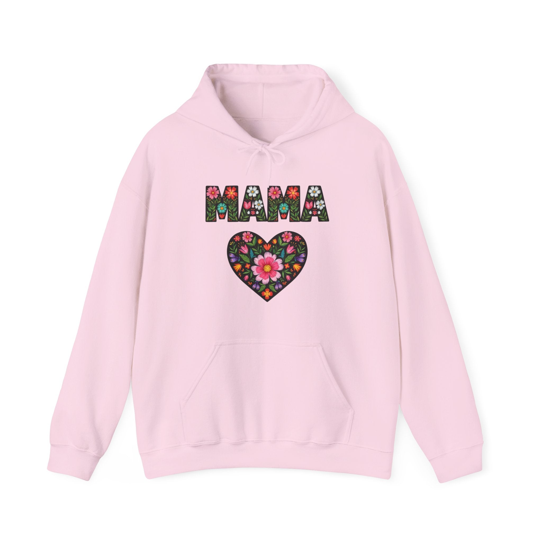 Pink hoodie with floral 'MAMA' design on a white background