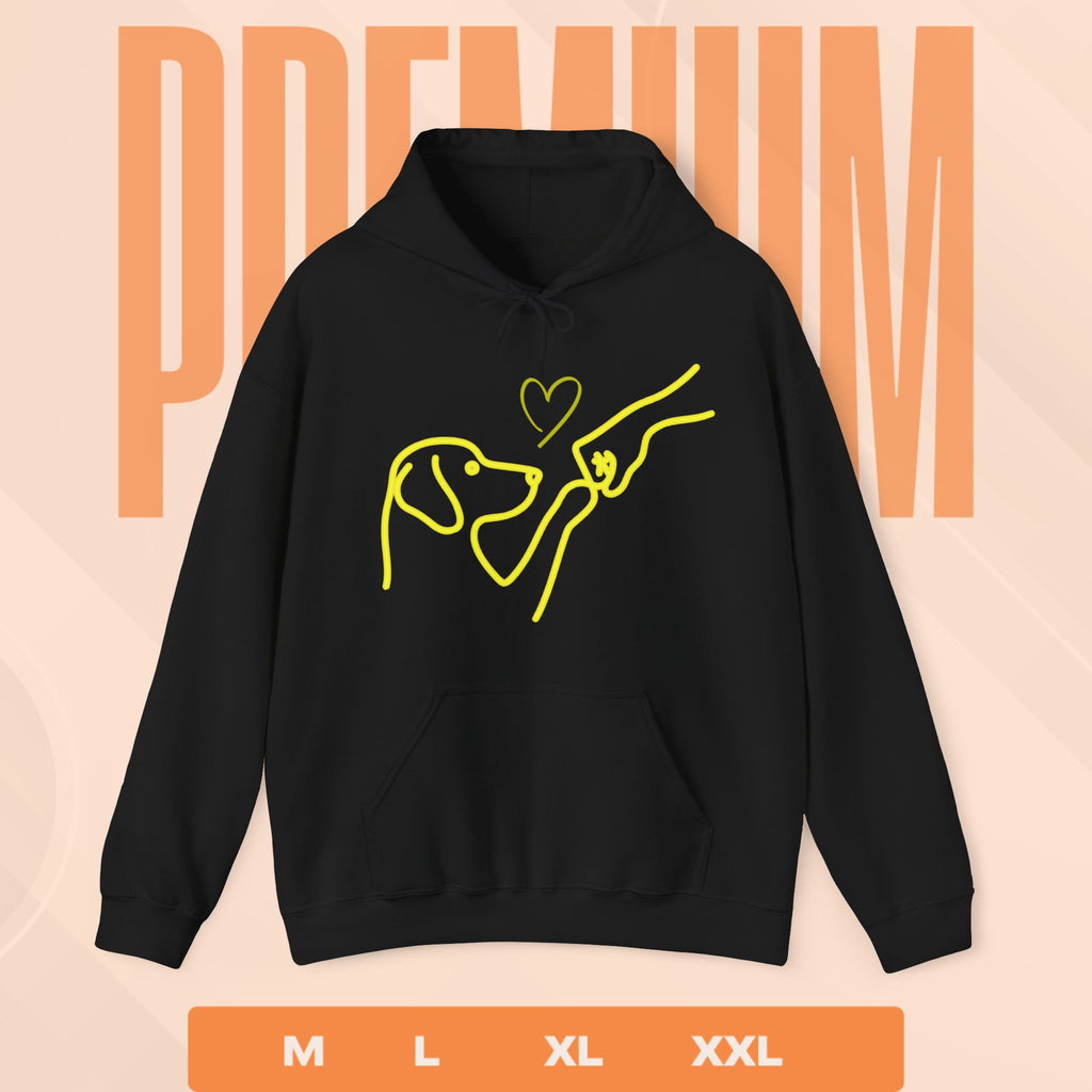 Black hoodie with yellow graphic design on a peach background with size options.