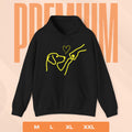 Black hoodie with yellow graphic design on a peach background with size options.