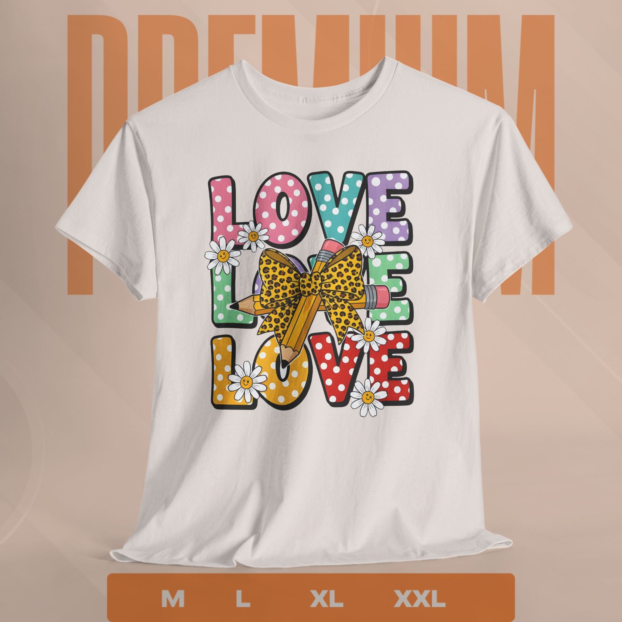 White t-shirt with colorful 'LOVE' graphic design on a beige background
