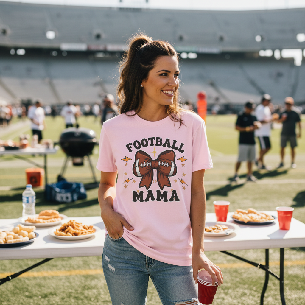 Woman wearing a 'Football Mama' t-shirt at a sports event with food and people in the background.
