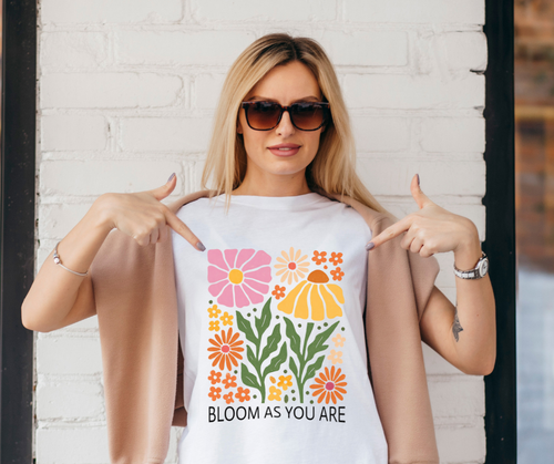 woman wearing a Bloom As You Are Floral T-Shirt -